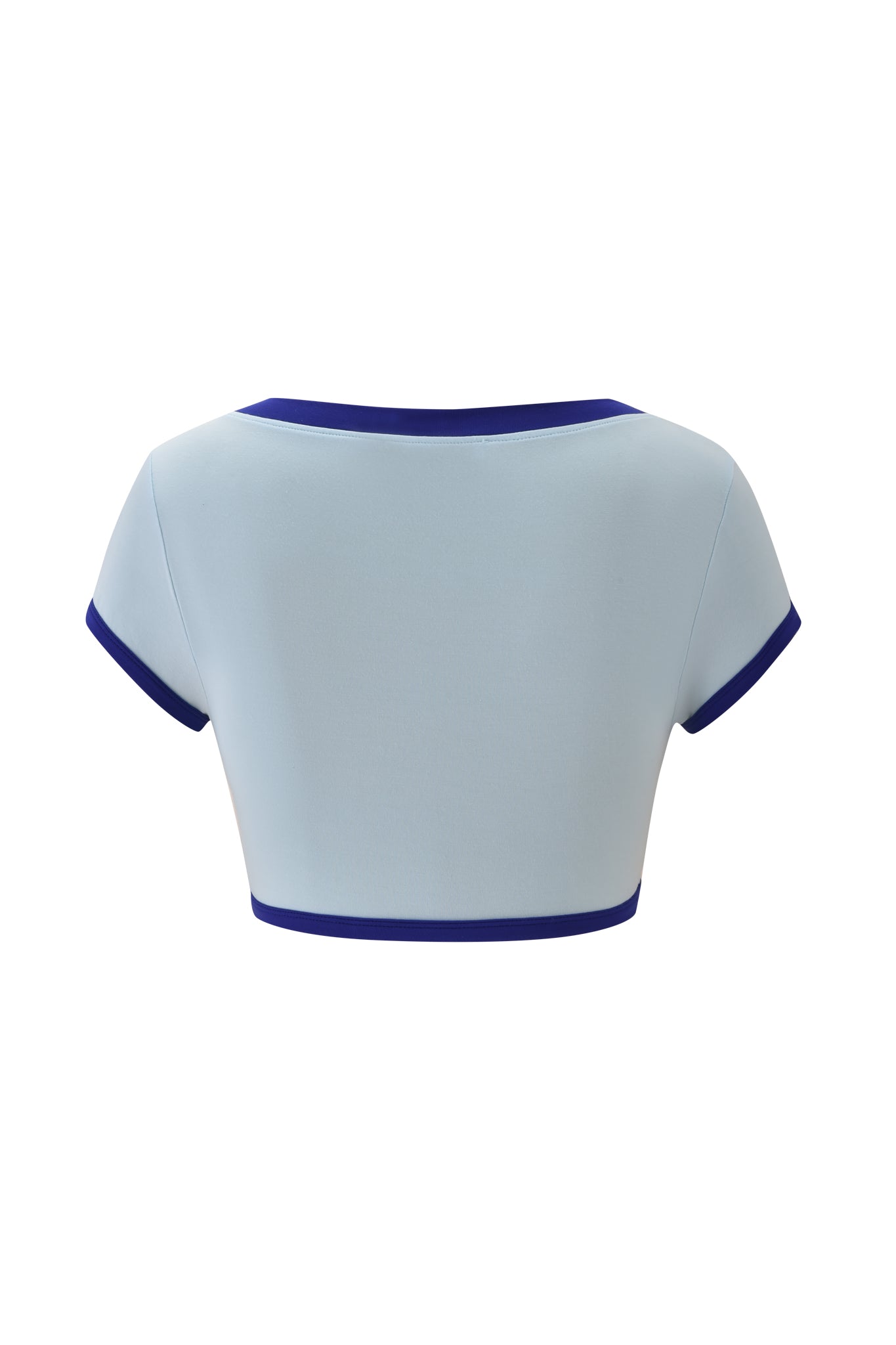 The BLARE SPORT CROP TEE AND HEADBAND - BABY BLUE by I.AM.GIA is a light blue, short-sleeve crop top seen from the back, with a wide neckline and dark blue trim on the collar, sleeves, and hem.