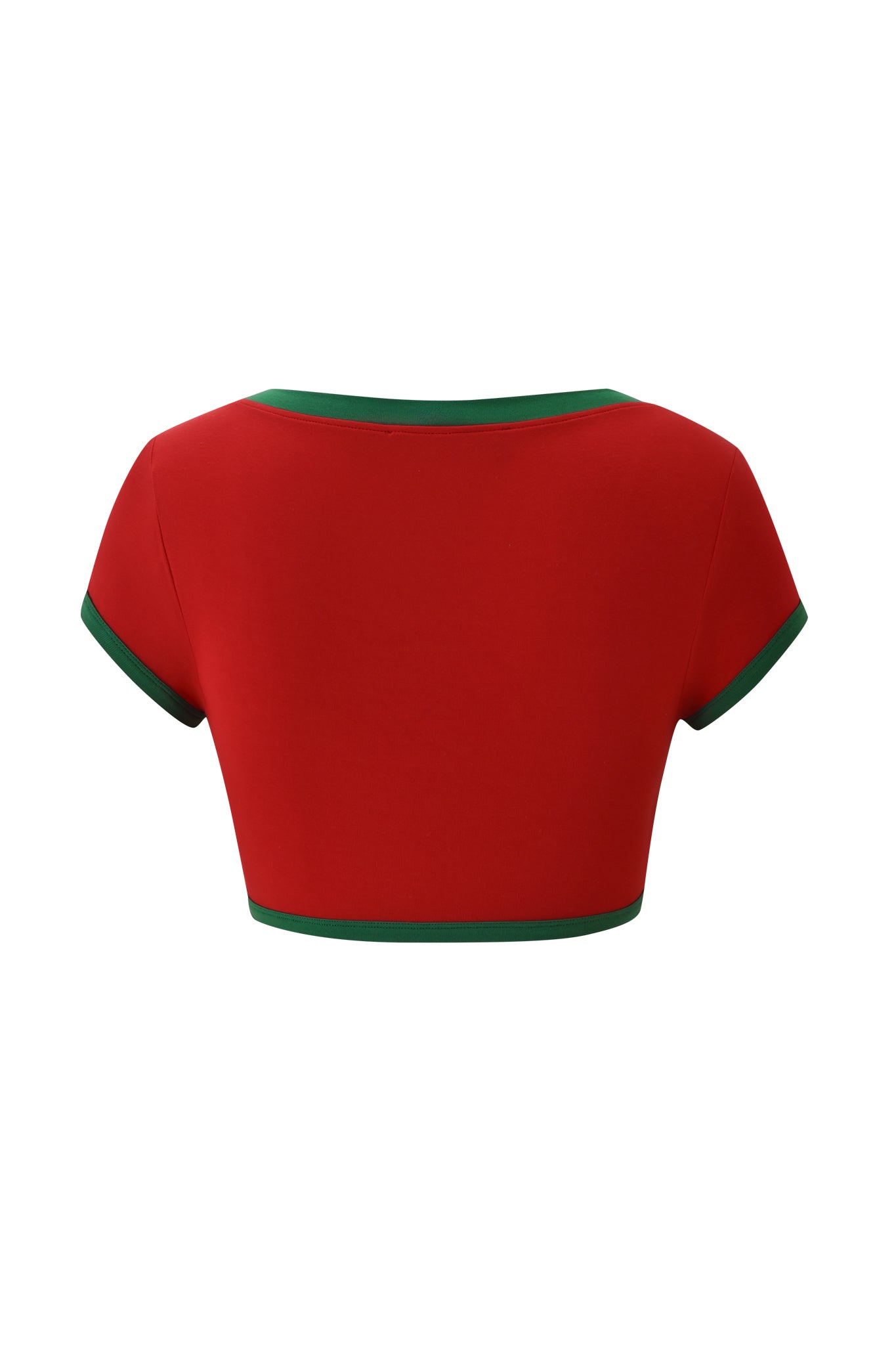 The I.AM.GIA BLARE SPORT CROP TEE AND HEADBAND in crimson features green trim along the neckline, sleeves, and hem. Shown from the back against a white background, this sporty crop top adds a playful touch to your wardrobe.