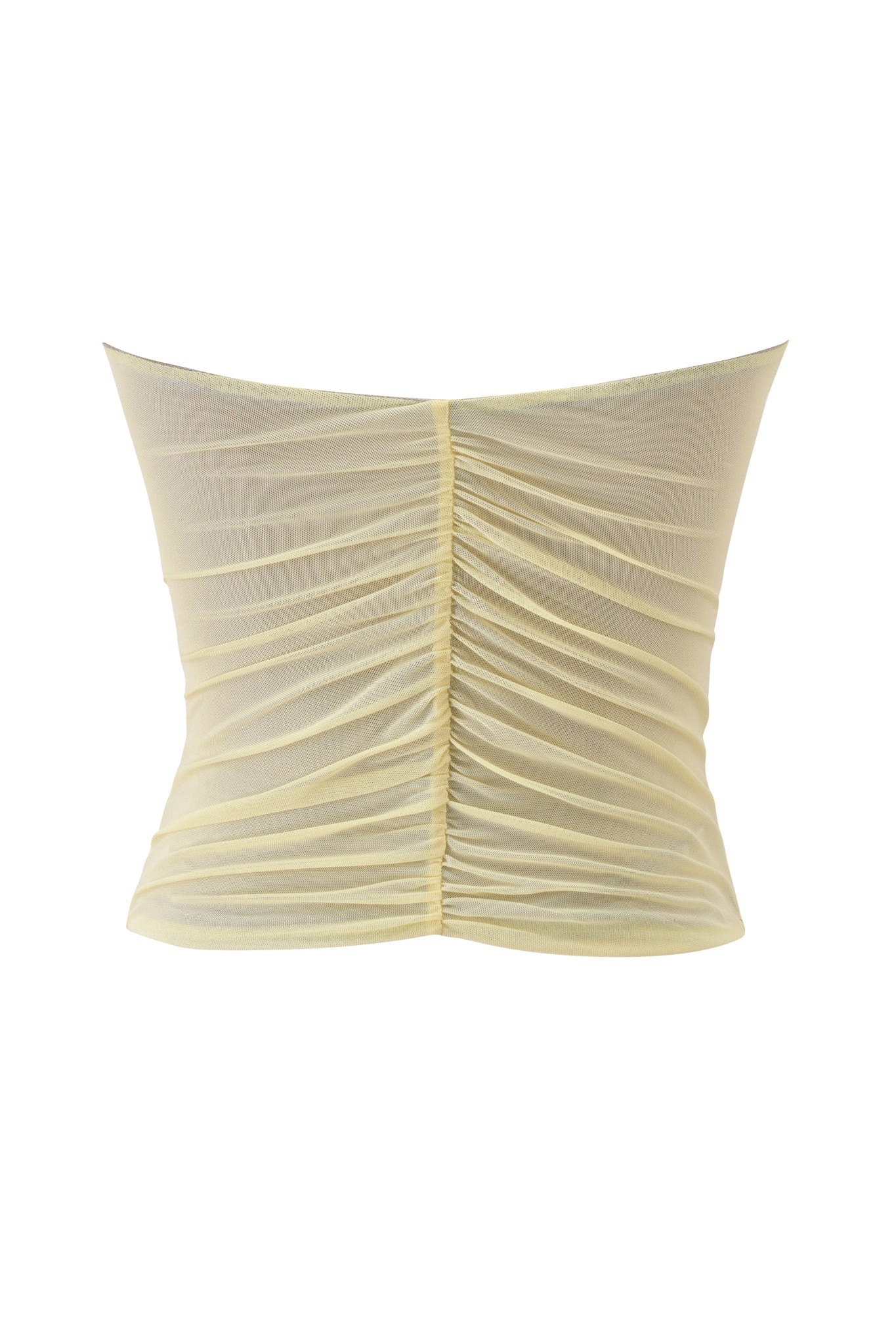 The AMATHA TUBE TOP in butter yellow by I.AM.GIA features a strapless mesh design with center front ruching for a textured, gathered effect and a fitted silhouette.
