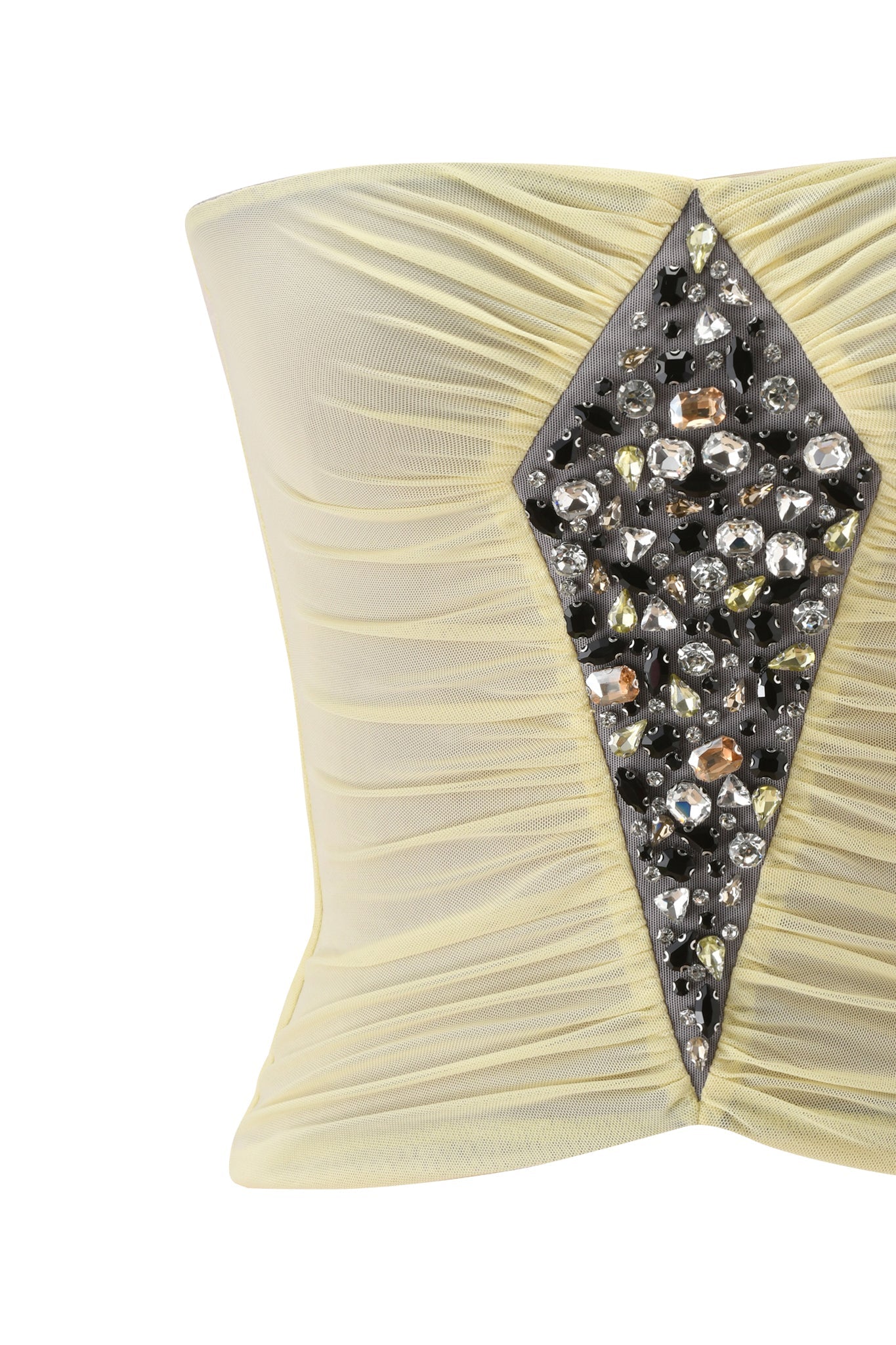 A close-up of the I.AM.GIA AMATHA TUBE TOP in butter yellow, featuring a strapless mesh design, ruched fabric, and a central diamond panel with shiny multicolored stone embellishments.