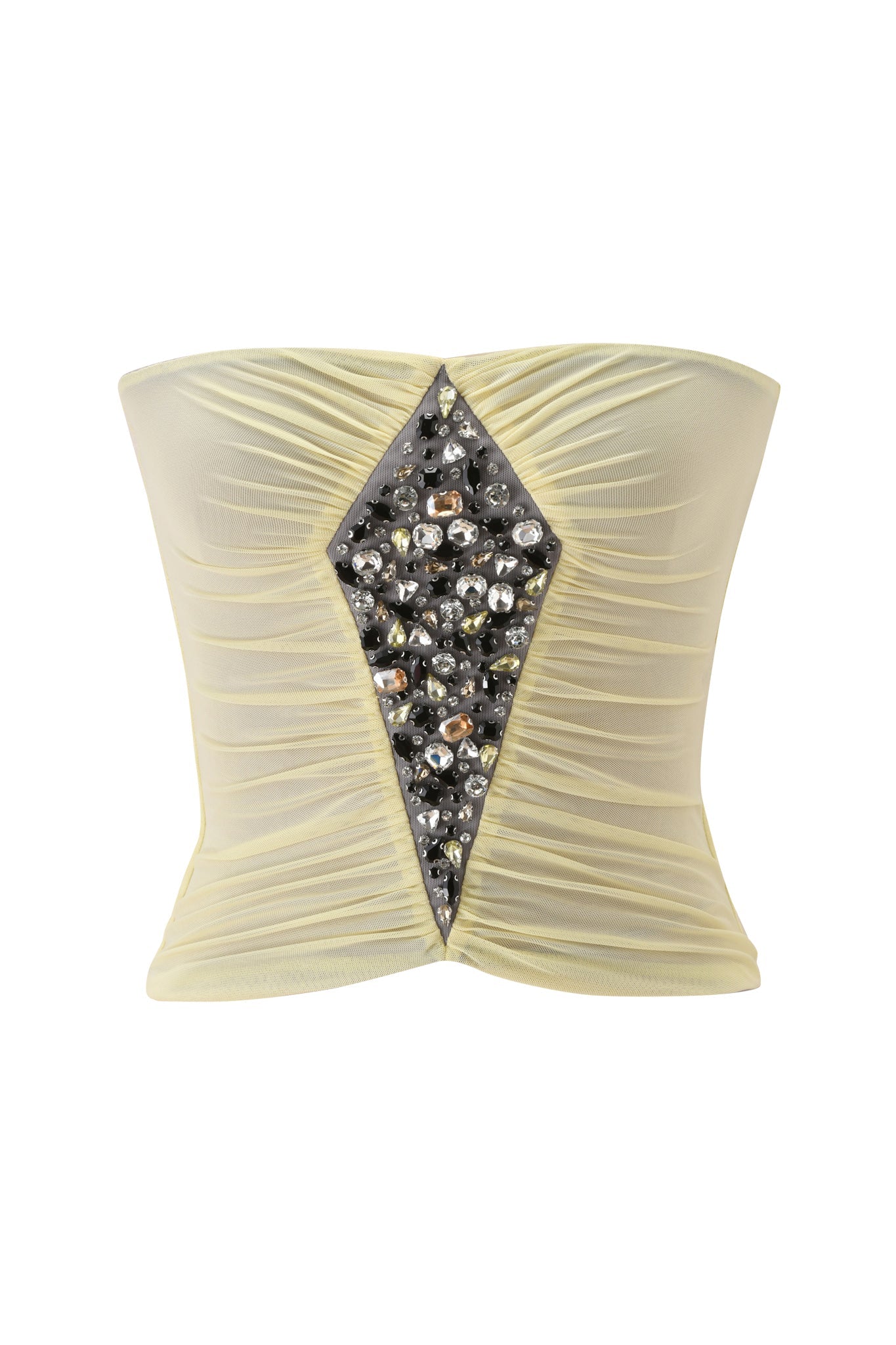 The I.AM.GIA AMATHA TUBE TOP in butter yellow is a strapless mesh corset with ruching, a tube top design, and a central diamond-shaped panel adorned with silver and clear stone embellishments.
