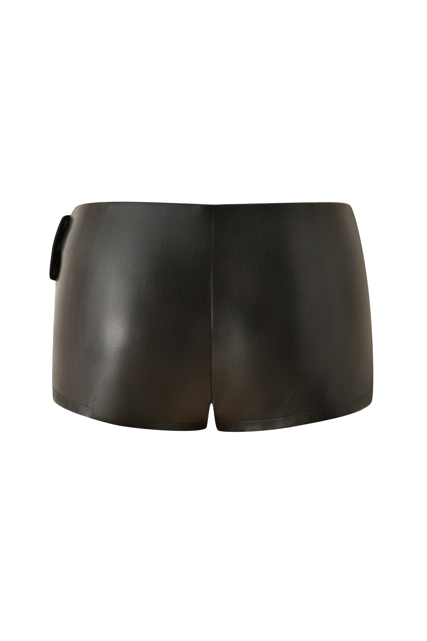 The I.AM.GIA DASHA SHORTS in grey are micro-mini, high-waisted shorts with a fitted silhouette. Shown from the back, they feature a smooth finish, seam down the center for definition, and a small loop detail on the left side.