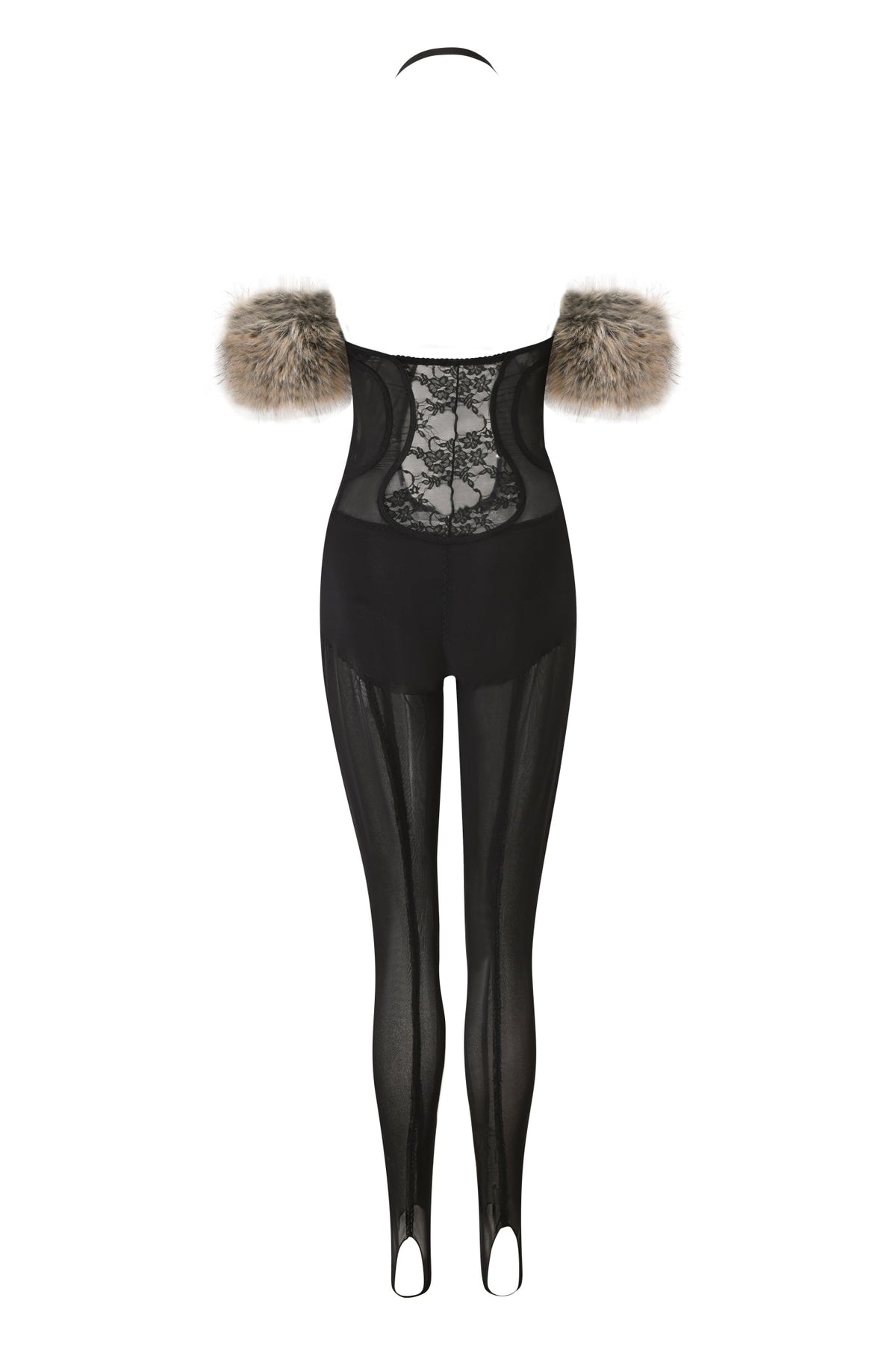 The AZARI CATSUIT - BLACK by I.AM.GIA is a black sheer lace bodysuit featuring off-shoulder fur trim and attached stirrup leggings with elegant sheer lace paneling, shown on a white background—ideal as a sultry Halloween costume.