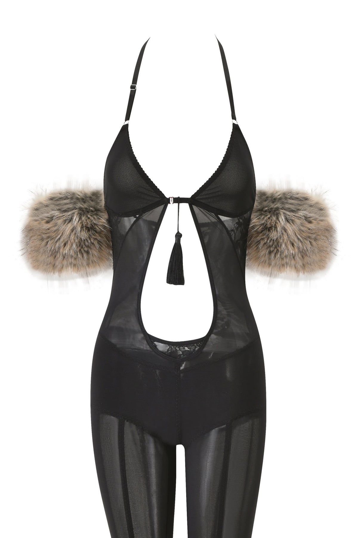 Transform your look with the AZARI CATSUIT - BLACK by I.AM.GIA—a sheer black mesh bodysuit featuring a daring cutout front, halter straps, tassel accents, and plush faux fur trim along the upper arms. Wear it solo for a sultry Halloween ensemble or layer over a black mesh catsuit for added drama.