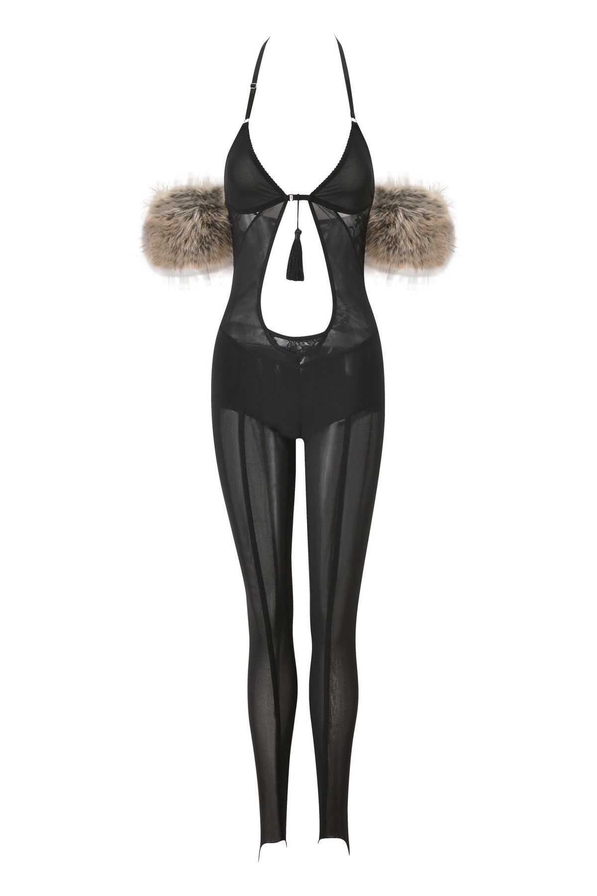 Introducing the AZARI CATSUIT - BLACK by I.AM.GIA: this sheer black bodysuit features delicate spaghetti straps, a statement keyhole cutout at the chest, playful tassel detailing, and brown faux fur cuffs at the arms—making it an irresistible choice for a sultry Halloween costume or a standout black mesh catsuit for your next night out.