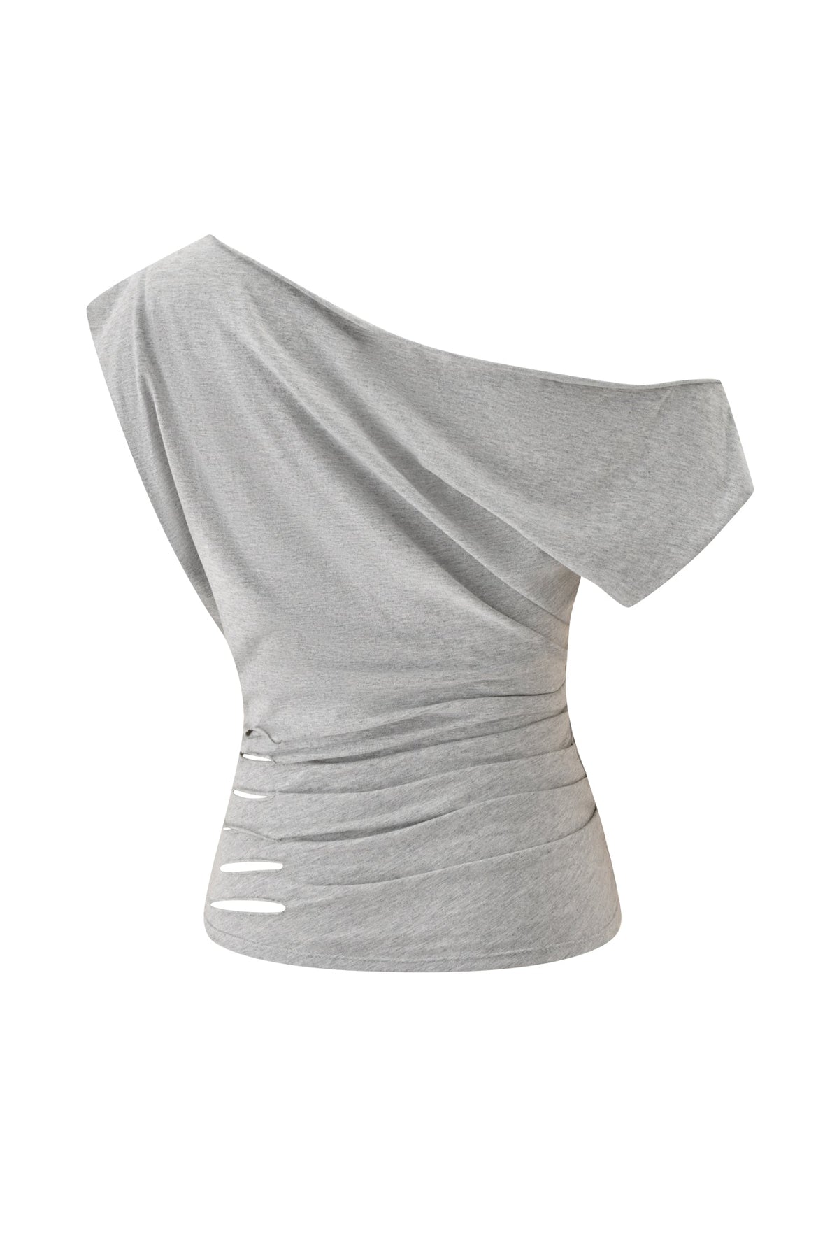 The BEX OFF SHOULDER TOP by I.AM.GIA is a light grey, short-sleeve jersey tee with an off-the-shoulder design and an asymmetric side cutout featuring three horizontal slits. The waist is slightly gathered for a ruched bodice, creating a fitted silhouette.
