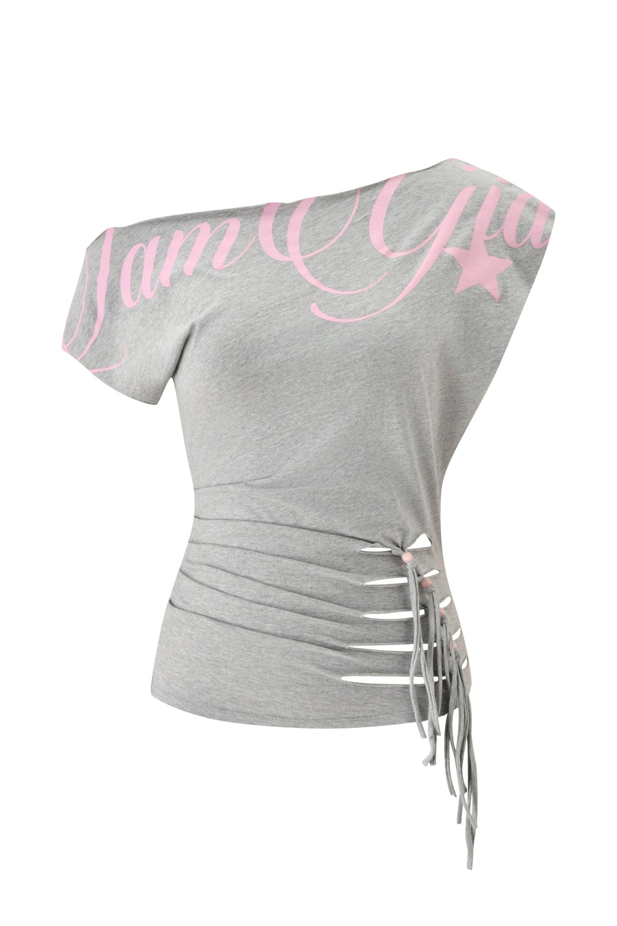 Introducing the BEX OFF SHOULDER TOP - GREY from I.AM.GIA: This short-sleeve, asymmetrical top features a flattering ruched bodice that creates a fitted silhouette, stylish side lace-up detailing with ties, eye-catching pink script, and a star accent on the right shoulder. Modern and chic, it’s gathered to one side for a contemporary look.