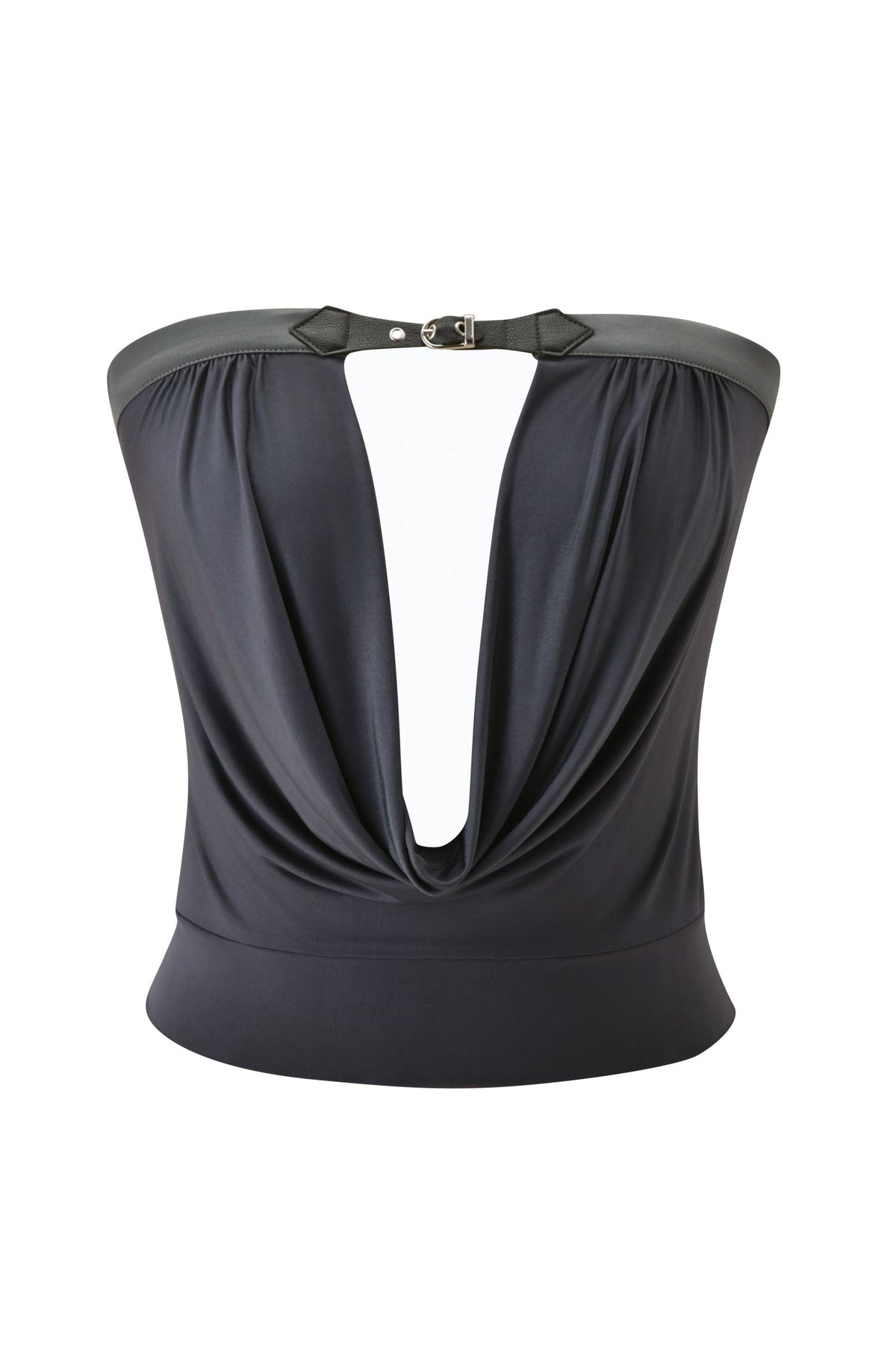 The JENNA TOP in grey by I.AM.GIA is a strapless bandeau featuring a draped open back, leather-like trim along the top edge, and a silver clasp closure. Crafted in a sleek bodycon silhouette, it offers an effortlessly chic look.