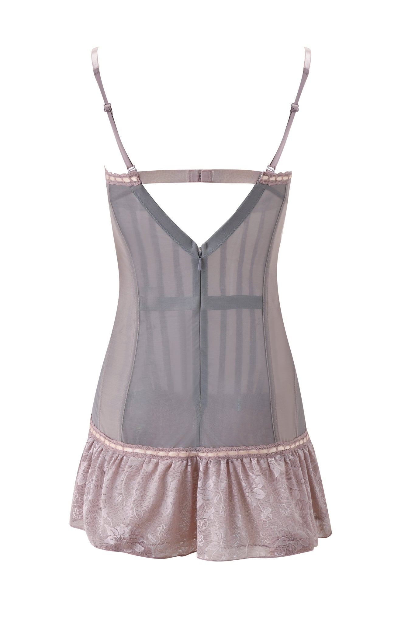 The ODETTE DRESS - DOVE by I.AM.GIA is a light mauve, semi-transparent mesh dress with adjustable spaghetti straps, a V-back, sheer bodice, and a floral lace ruffle hem for a delicate, feminine look.