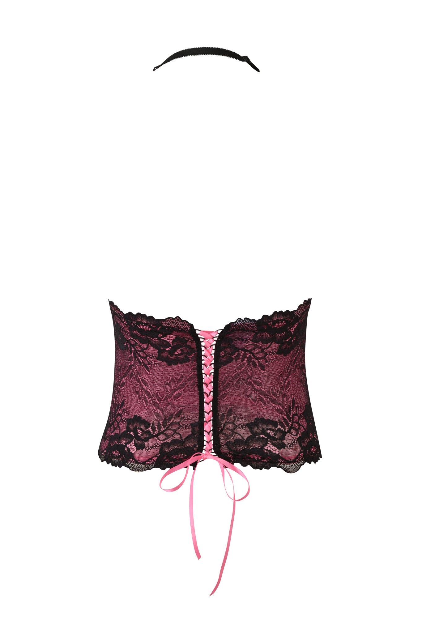 The TIFFANY TOP - PINK by I.AM.GIA is a burgundy lace bustier with black floral patterns, a pink satin ribbon lace-up front, black neck strap, and scalloped edges for a striking bodycon look.