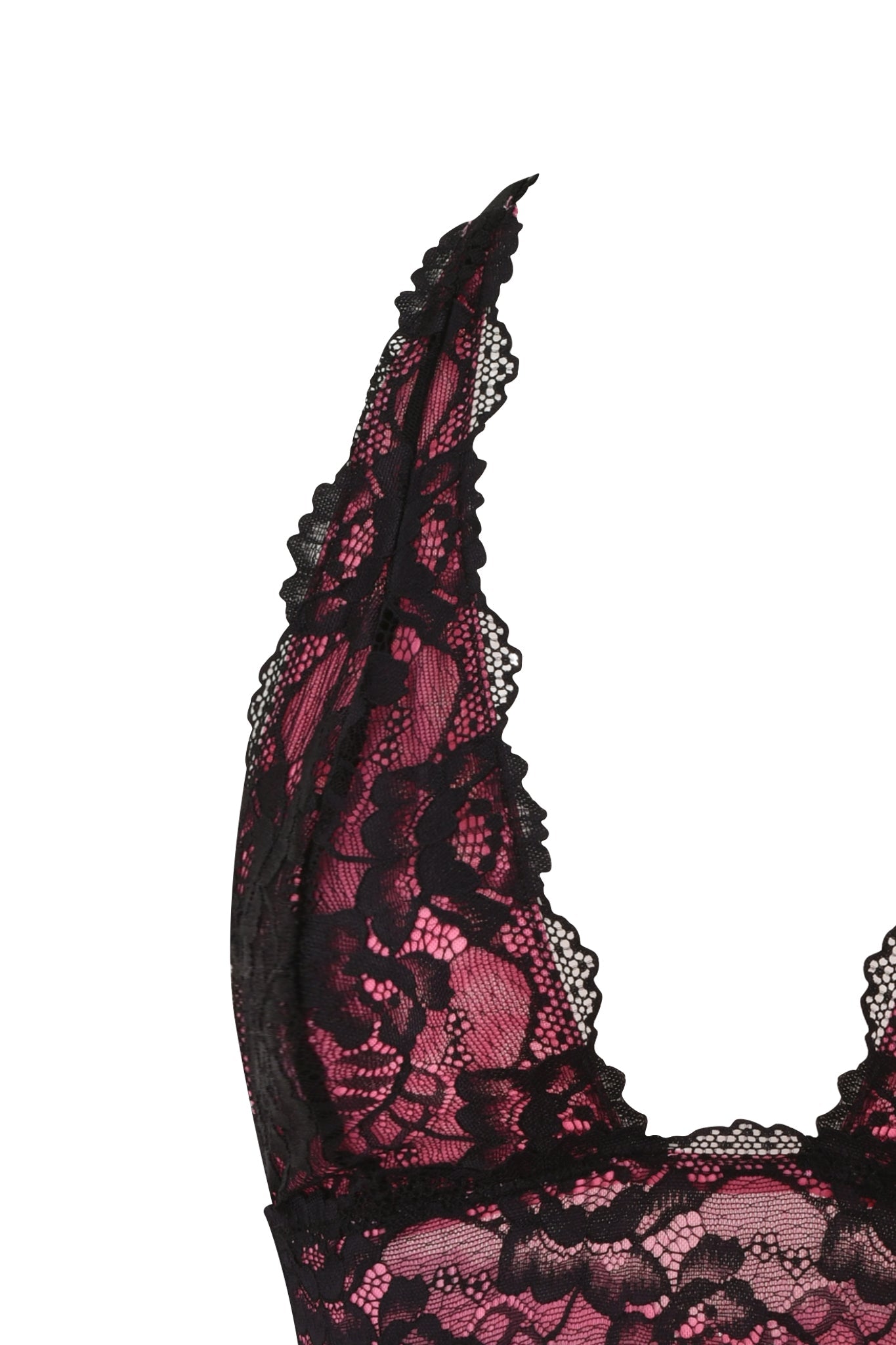 The TIFFANY TOP - PINK by I.AM.GIA features a black floral lace halter with pink fabric beneath, creating a striking hot pink mesh effect against a white background.