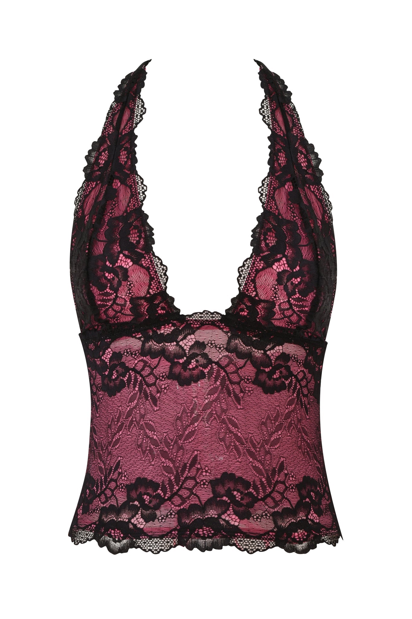 The TIFFANY TOP - PINK by I.AM.GIA is a sleeveless halter top with a deep V-neck, black floral lace over hot pink mesh, scalloped edges, and a semi-sheer midriff.