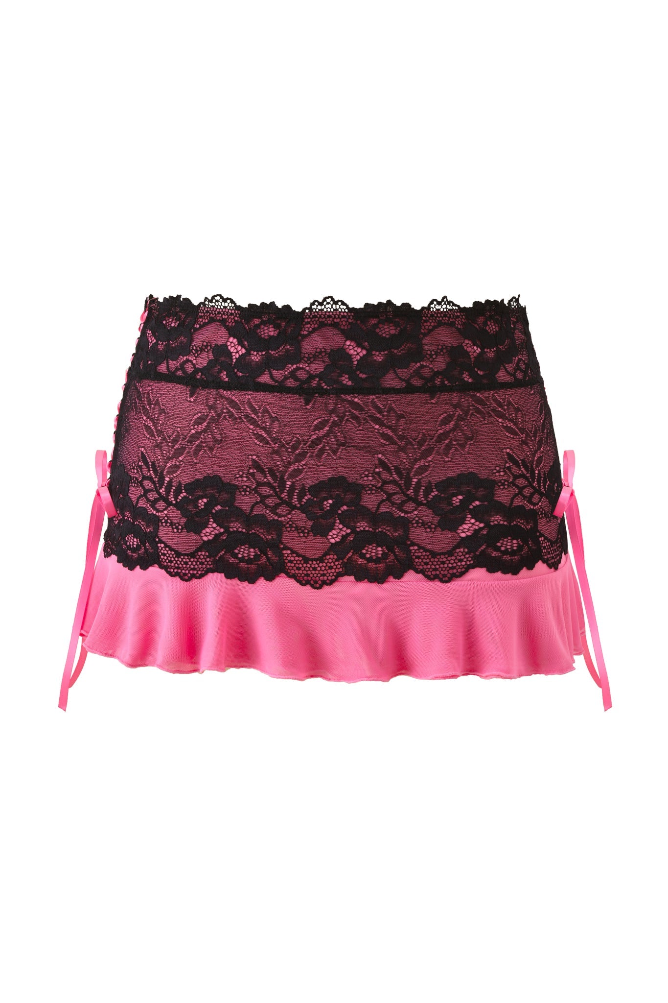 The I.AM.GIA TIFFANY SKIRT - PINK is a mini skirt featuring pink satin, black floral lace overlay, and ribbon ties on each side, shown on a white background.