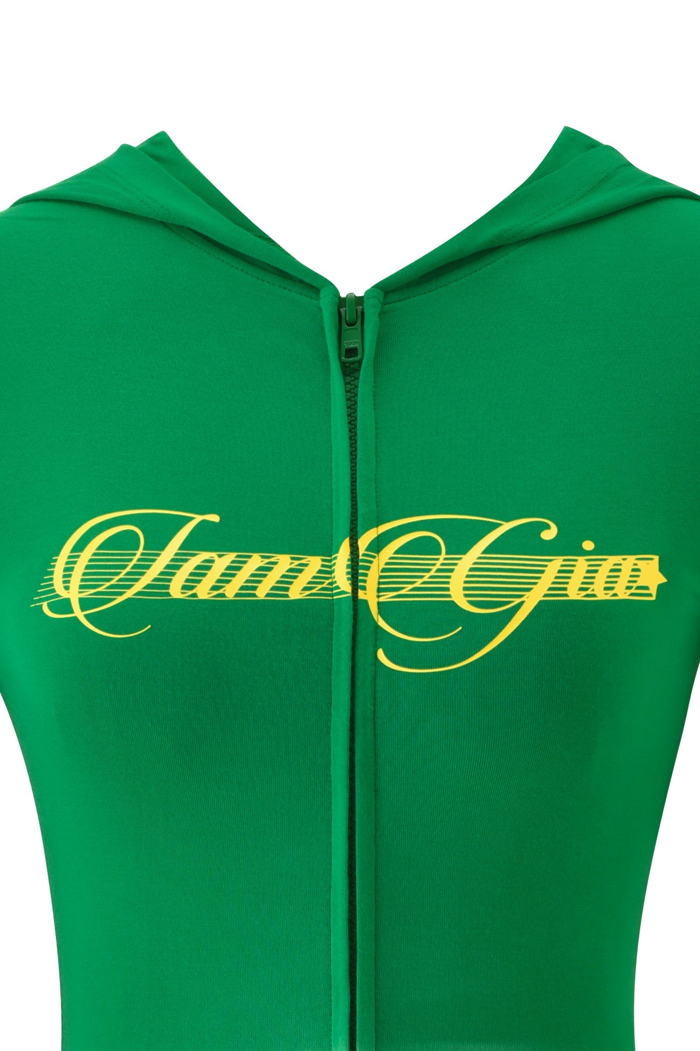 Close-up of the BLARE SHORT SLEEVE ROMPER - GREEN by I.AM.GIA, featuring a hood, zipper, and "I.AM.GIA" in yellow cursive with a striped underline across the chest for a chic bodycon look.
