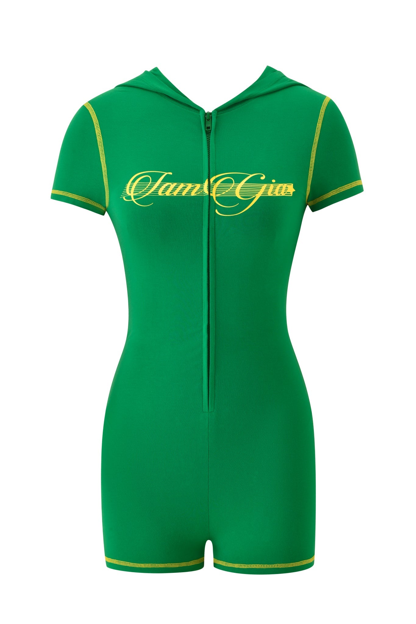The BLARE SHORT SLEEVE ROMPER by I.AM.GIA is a green, bodycon romper with a hood, front zipper, yellow trim, "IamGia" script on the chest, short sleeves, and mini shorts for a sporty-chic look.