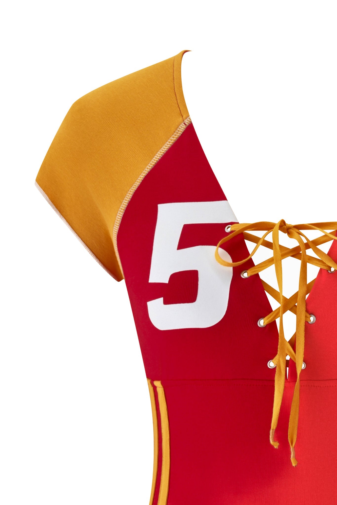 Close-up of the I.AM.GIA NOVIA LACE-UP T-SHIRT AND HEADBAND in red, made from stretch cotton soccer jersey fabric with a white "5" and yellow lace-up detail for a sporty, jersey-inspired style.