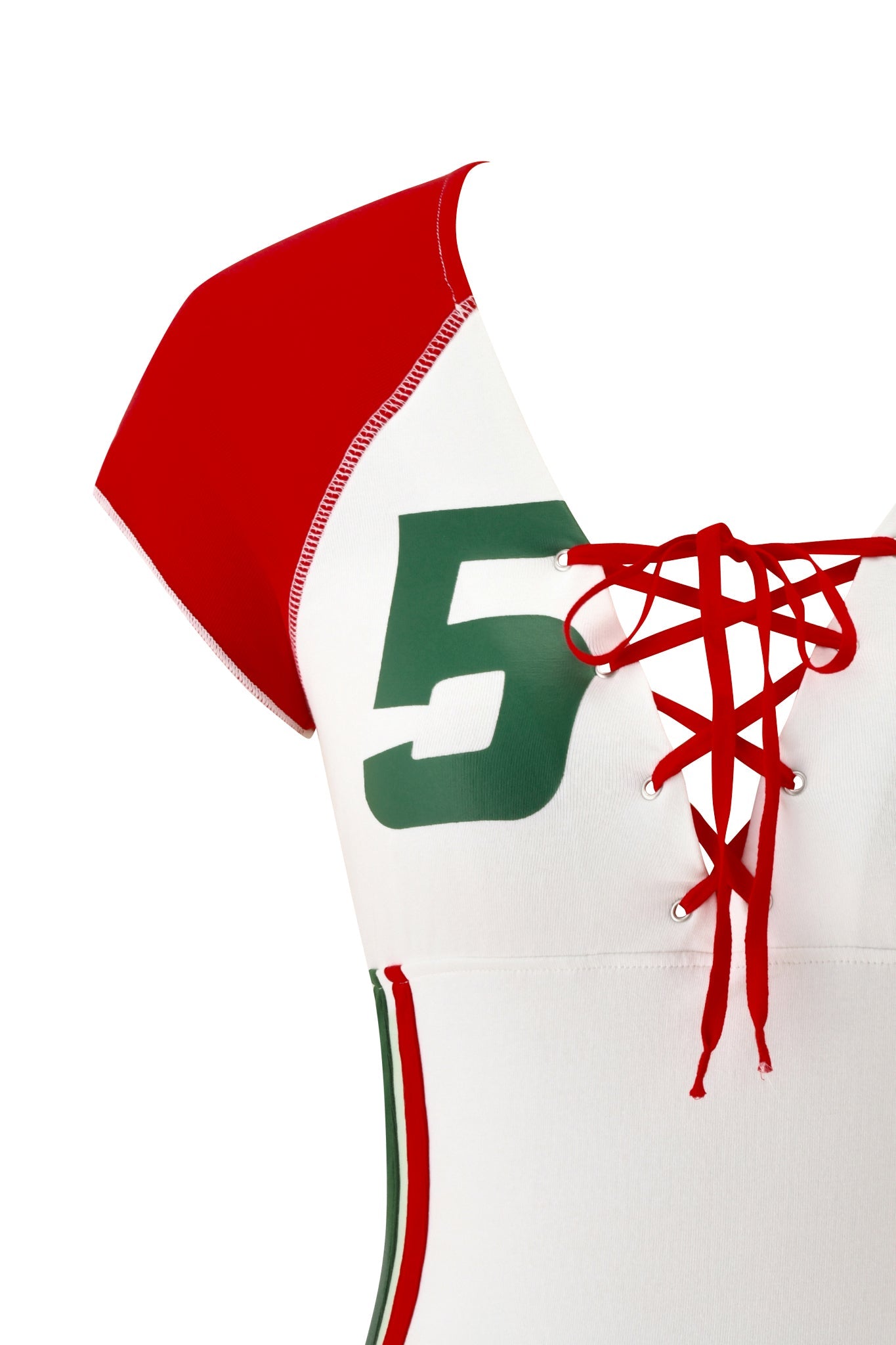Close-up of the I.AM.GIA NOVIA LACE-UP T-SHIRT AND HEADBAND in white, featuring red short sleeves, red lace-up front, a bold green "5" on the left, and green/red vertical stripes along the sides.