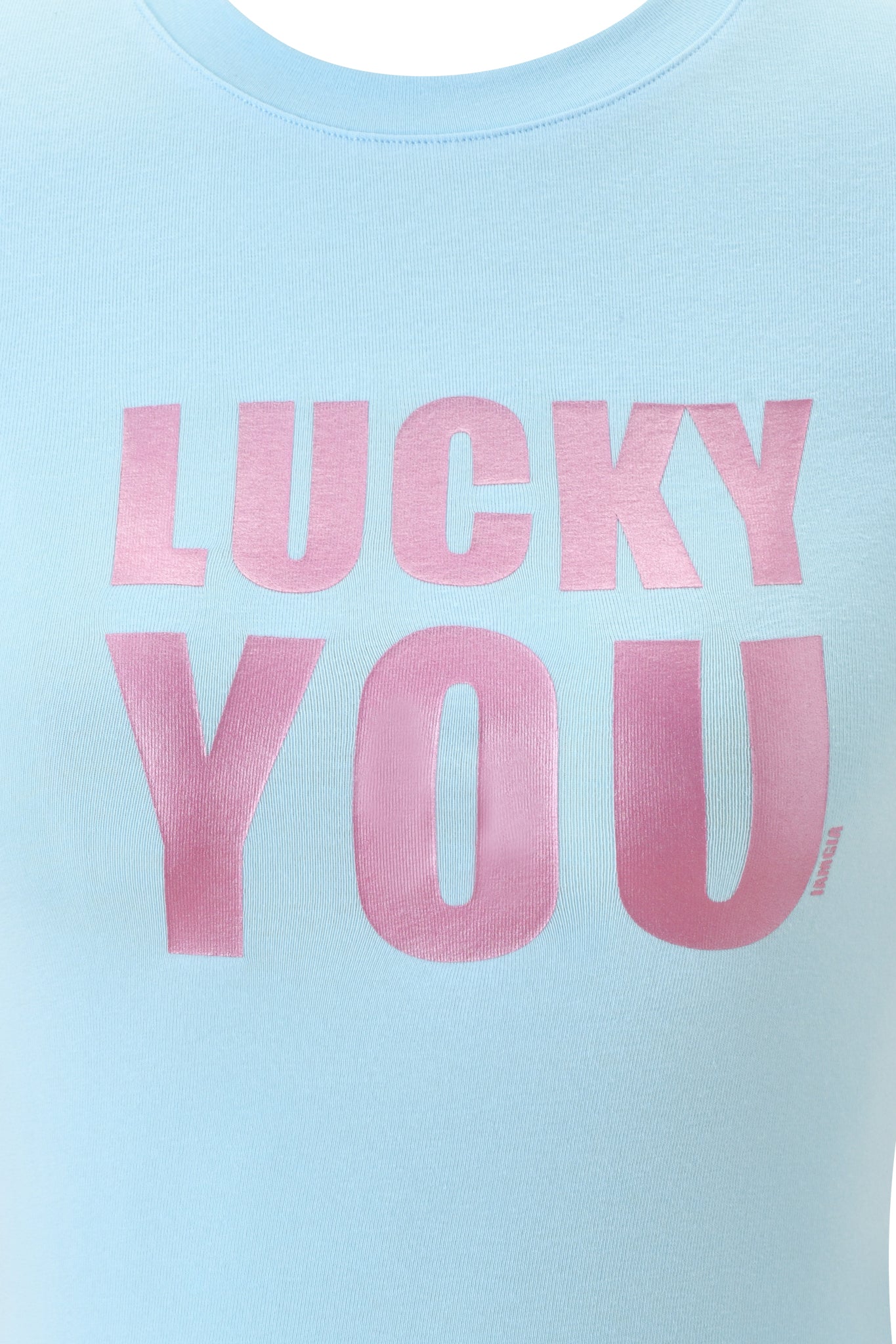 The I.AM.GIA COURTNEY TANK - LUCKY YOU is a powder blue muscle tank with "LUCKY YOU" printed in bold, shiny pink letters on the front.