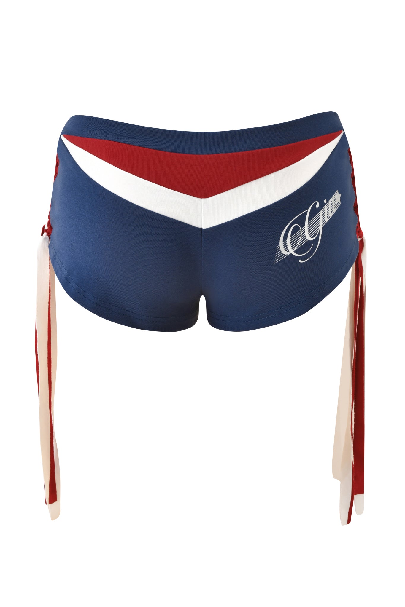 The I.AM.GIA NOVIA MICRO SPORT SHORT - NAVY features a blue low-rise fit, red and white chevron waistband, white script on the left, and long red and white ribbon ties at both sides.