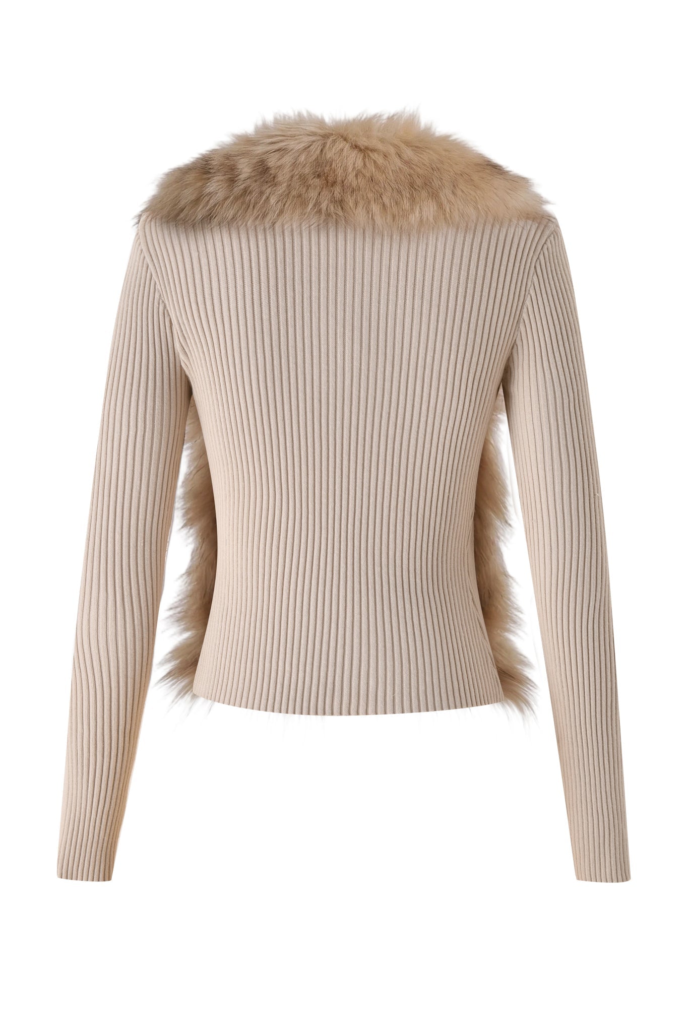 The KYTIA FAUX FUR CARDIGAN in beige by I.AM.GIA is a long-sleeve ribbed sweater featuring a faux fur collar and fur trim along the sides, shown from the back against a white background—an elegant update to the classic beige rib knit cardigan.