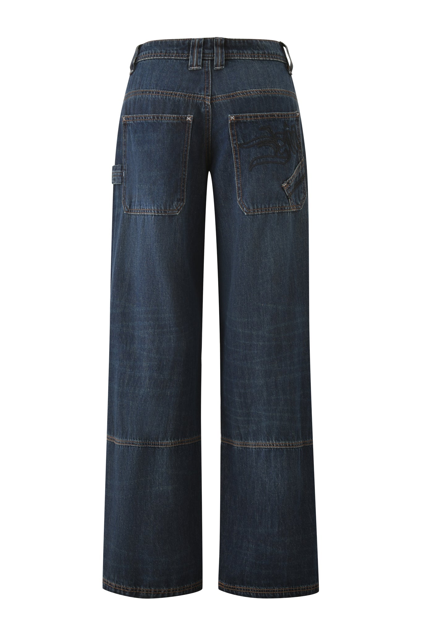 The MISTY JEAN - BLUE DUSTY WASH by I.AM.GIA features a wide-leg, relaxed fit with large back pockets, contrast stitching, and a dark blue wash, shown from the back.