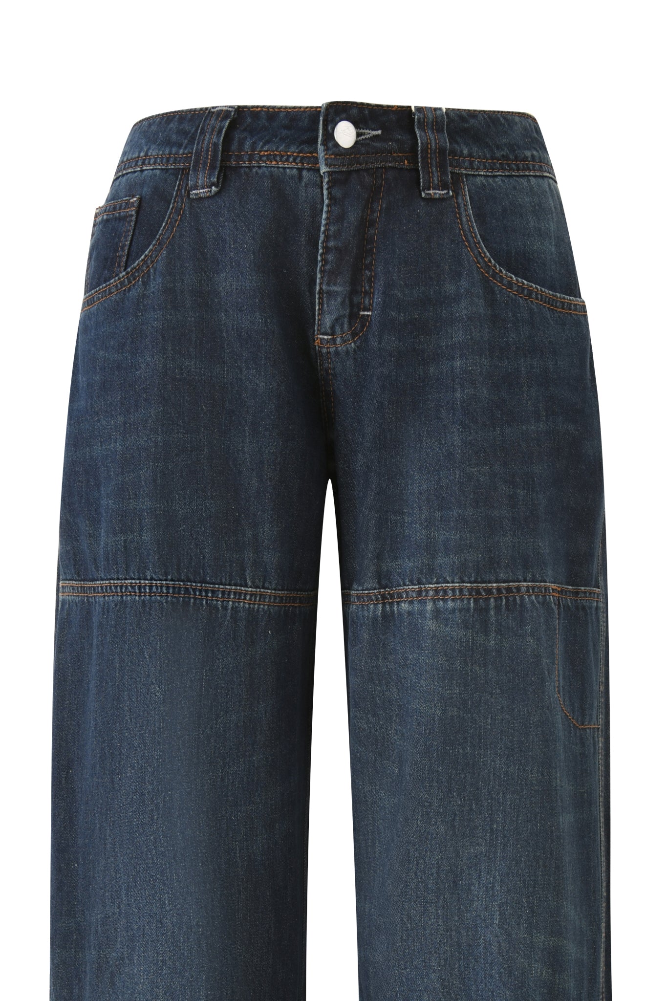 The I.AM.GIA MISTY JEAN - BLUE DUSTY WASH features dark blue denim in a low-rise, straight leg cut with visible brown stitching, front pockets, belt loops, button closure, and stylish thigh seam detailing.