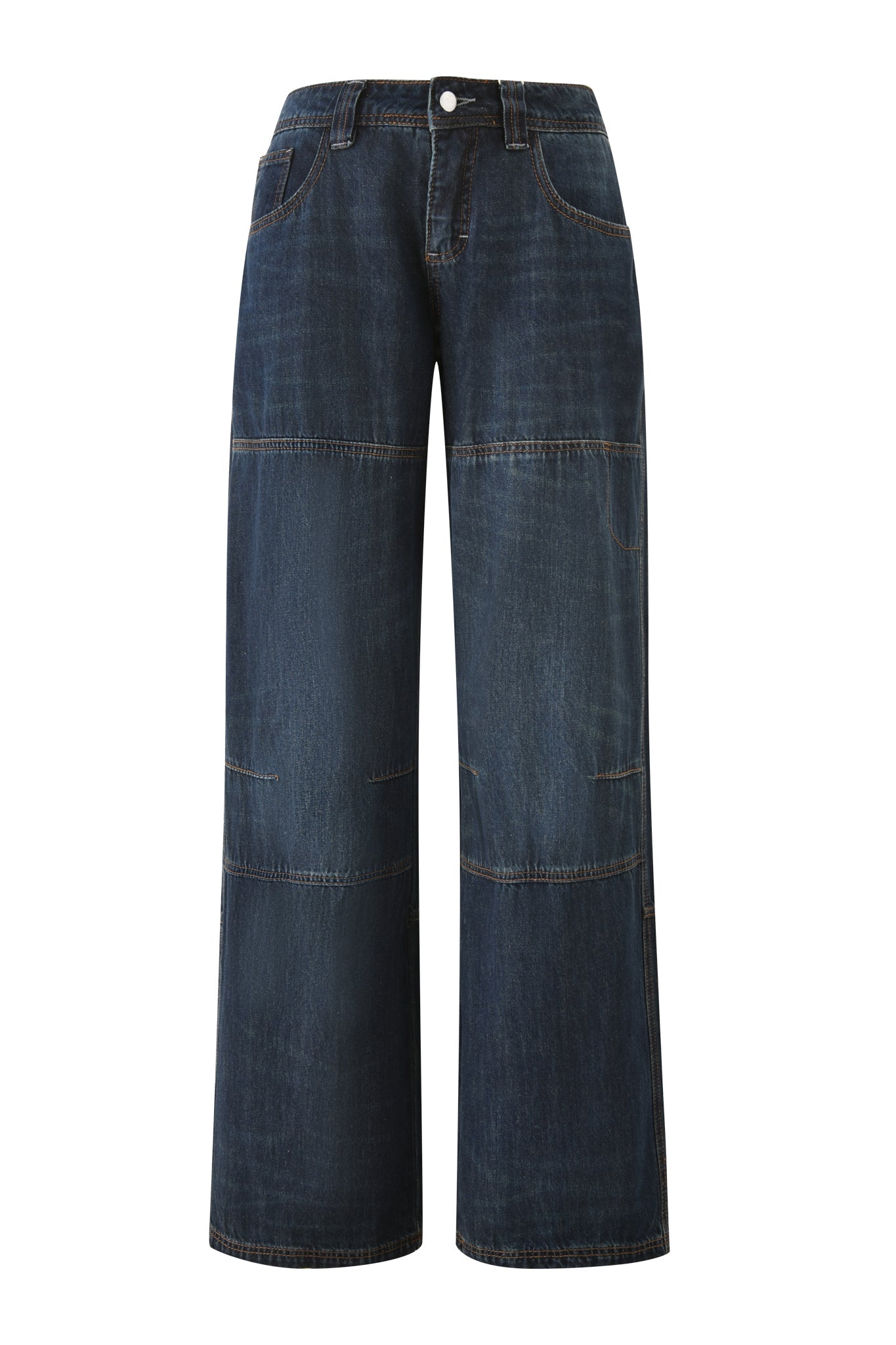 The I.AM.GIA MISTY JEAN - BLUE DUSTY WASH features a wide-leg, high-waisted fit with visible brown stitching, patchwork-style seams, front pockets, and a button closure for a baggy look.