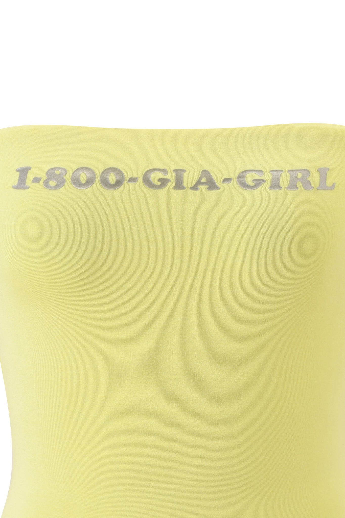 The I.AM.GIA NESSY BOOB TUBE - GIA GIRL is a yellow, strapless, bodycon top with metallic silver "1-800-GIA-GIRL" text across the chest.