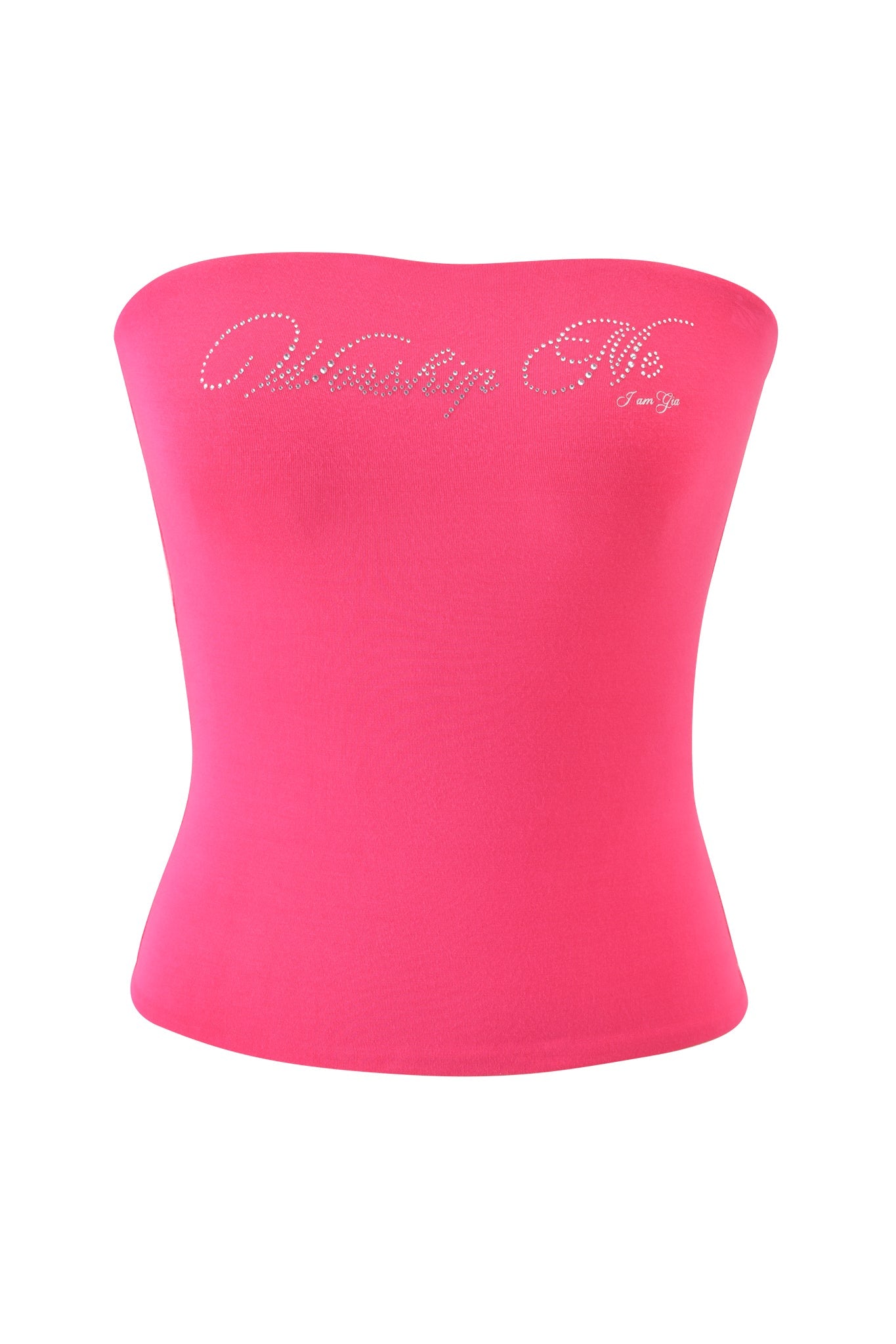 The NESSY BOOB TUBE - WORSHIP ME by I.AM.GIA is a bright hot pink bodycon tube top with "Worship Me" in sparkling rhinestones on the chest and smaller text below, shown against a plain white background.