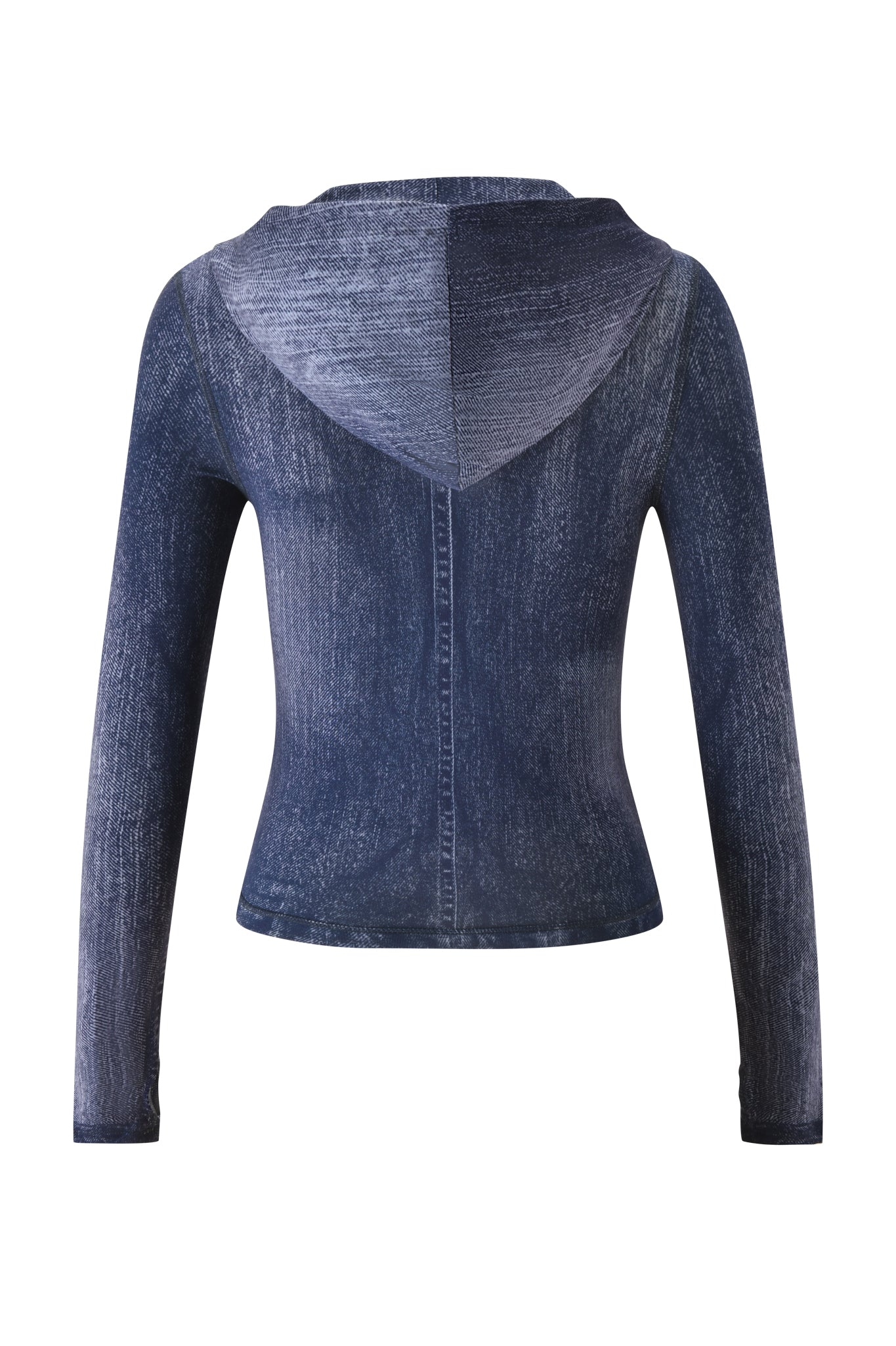 A back view of the BLARE HOODIE - DARK DENIM by I.AM.GIA, a fitted, long-sleeve dark blue denim jacket with a hood, slightly faded texture, and striking seam details.