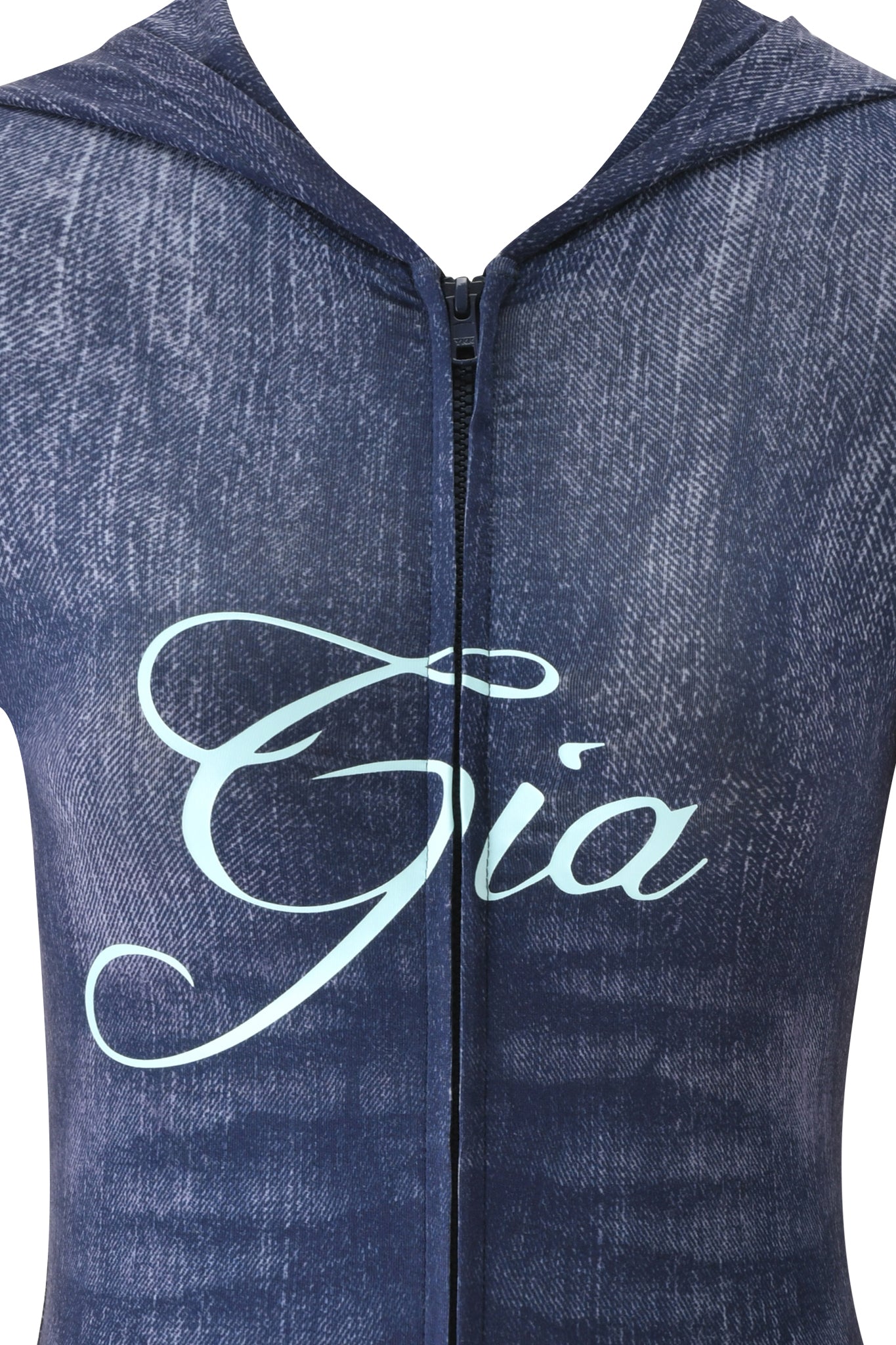 Close-up of the I.AM.GIA BLARE HOODIE - DARK DENIM, featuring "Gia" in bold white cursive on the front. Made from soft bamboo fabric, this hoodie includes a central zipper for easy wear.