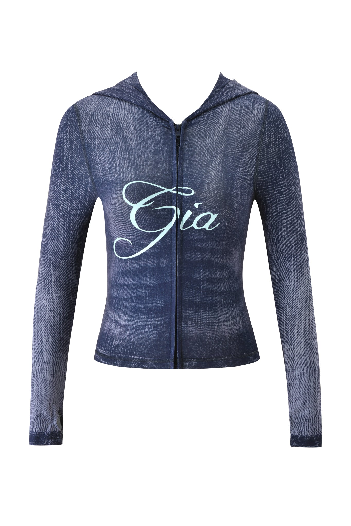 The BLARE HOODIE - DARK DENIM by I.AM.GIA is a long-sleeve, zip-up hoodie with a faded dark denim print and "Gia" in bold light script across the chest.