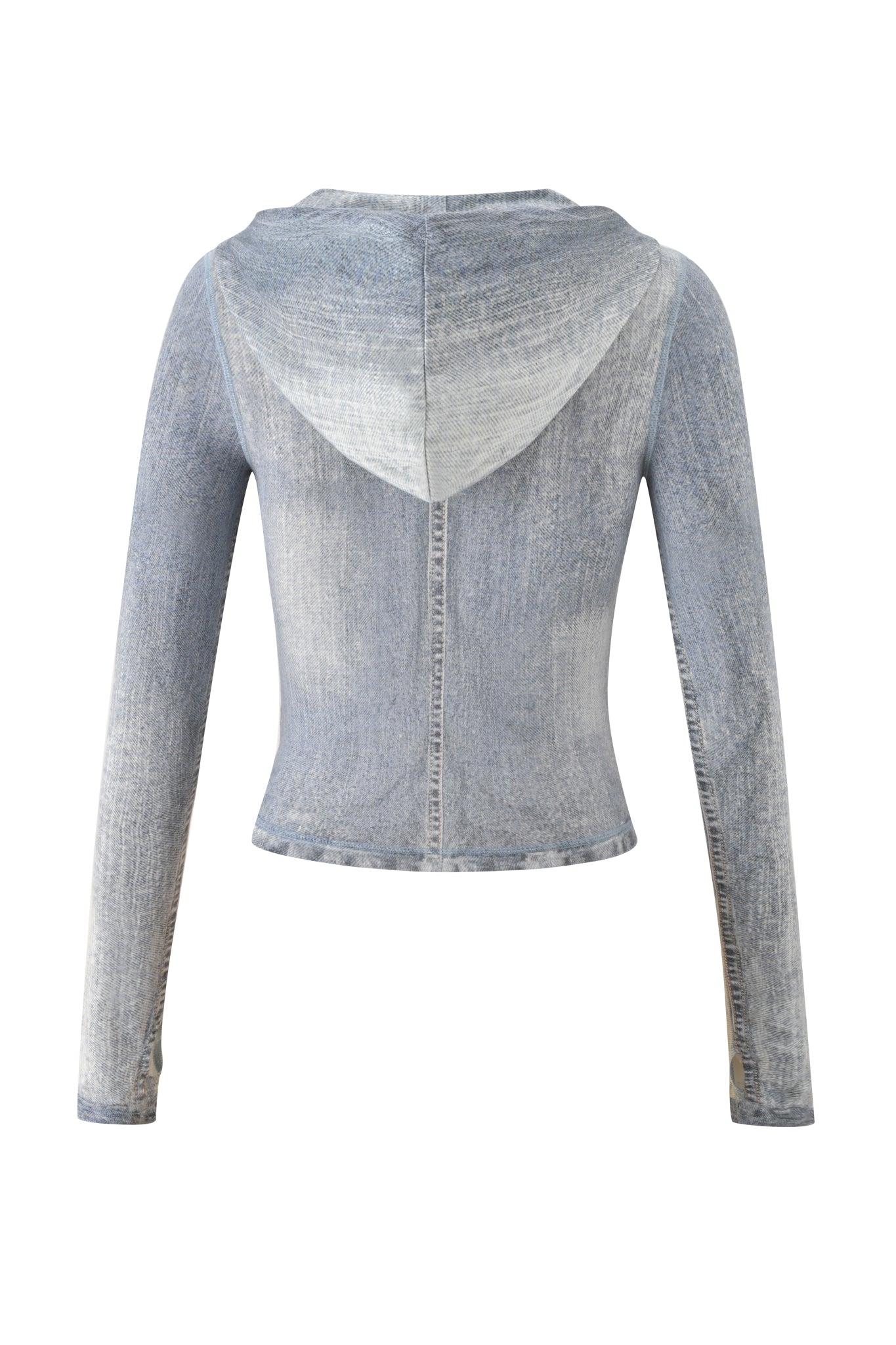 Back view of the BLARE HOODIE - DENIM TROMPE L'OEIL by I.AM.GIA—a light blue, long-sleeve cropped hoodie with denim trompe l'oeil texture and visible seam detailing.