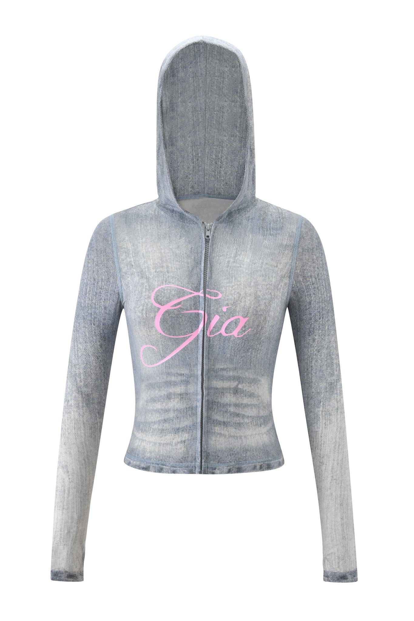 The I.AM.GIA BLARE HOODIE - DENIM TROMPE L'OEIL is a light gray zip-up with a denim trompe l'oeil effect, long sleeves, and "Gia" in pink script on the chest.