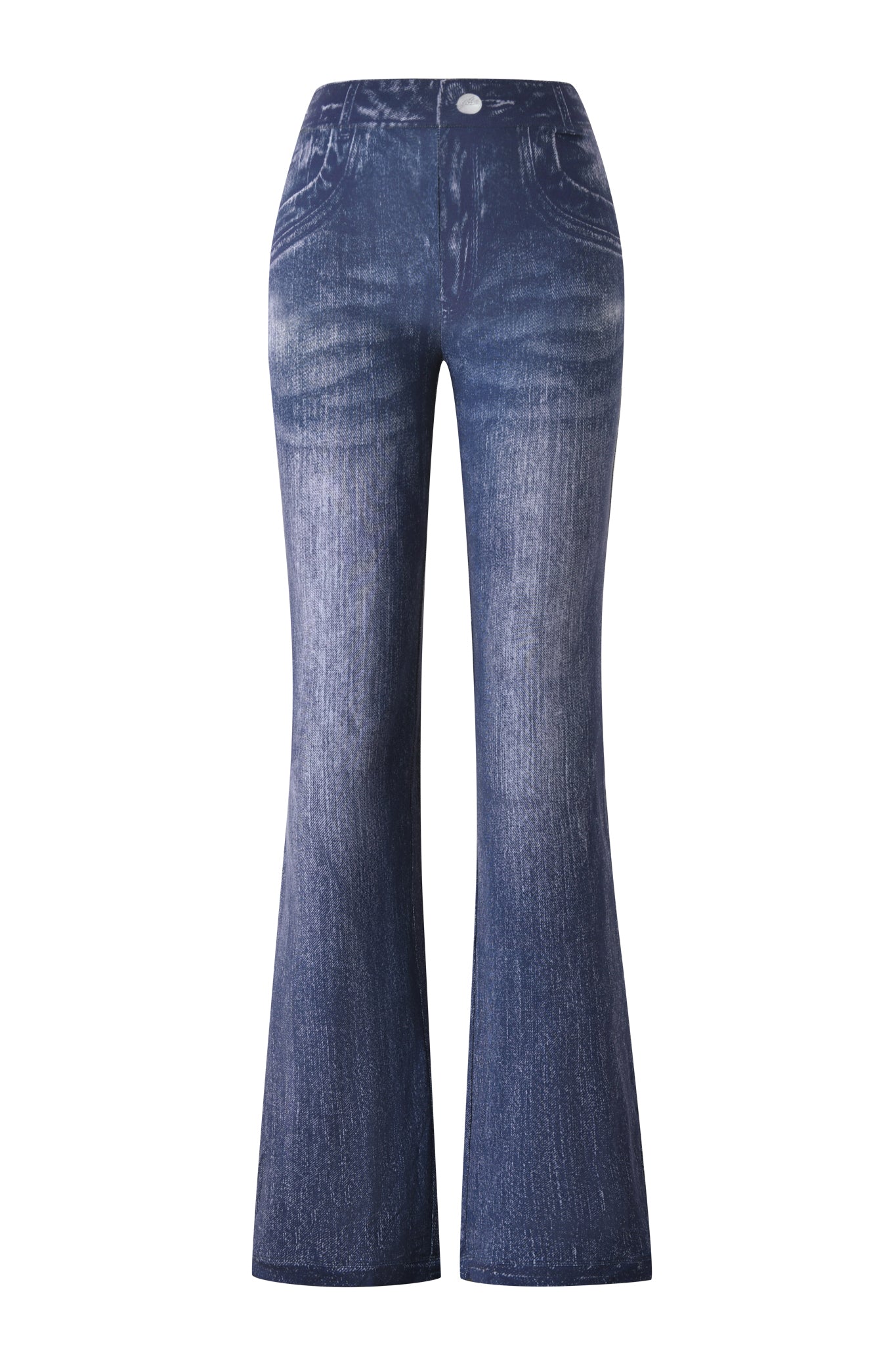 The I.AM.GIA BLARE TRACKPANT - DARK DENIM features a high-waisted, flared silhouette with front pockets, button closure, and subtle fading. Made from soft bamboo fabric and shown against a plain white background.