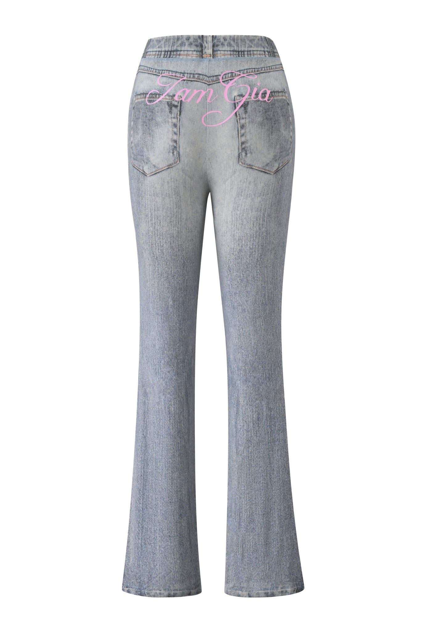 Back view of I.AM.GIA's BLARE TRACKPANT - DENIM TROMPE L'OEIL: light blue, flared trackpant jeans with a faux-denim look, two back pockets, and pink "IamGia" embroidery at the waistband above the pockets.
