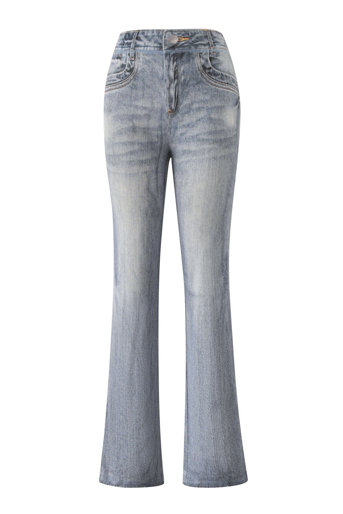 The I.AM.GIA BLARE TRACKPANT - DENIM TROMPE L'OEIL is a light blue, high-waisted pant with a flared fit, faded wash pattern, faux-denim design, front pockets, button and zipper closure, and subtle whiskering at the hips.