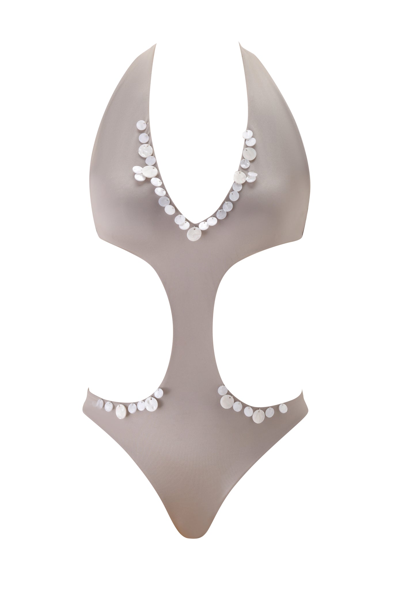 The I.AM.GIA GENE EMBELLISHED ONE PIECE SWIMSUIT - PEARLESCENT features a taupe hue, deep plunging neckline, cut-out sides, and white shell-like embellishments at the neckline and hips, shown on a white background.