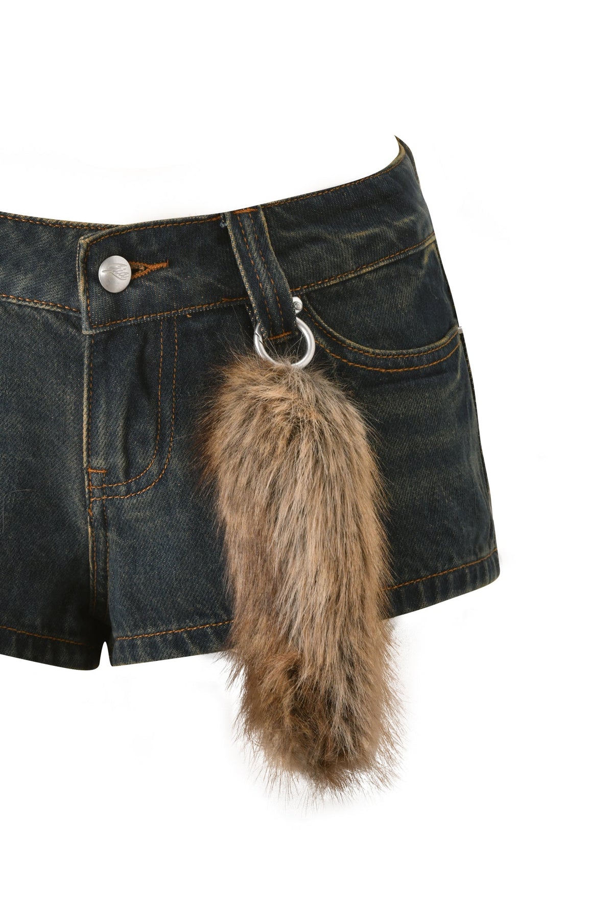 A pair of I.AM.GIA BODI DENIM HOT SHORT - DENIM micro hot shorts in a dark wash, featuring a brown faux fur tail keychain attached to a front belt loop, set against a white background.