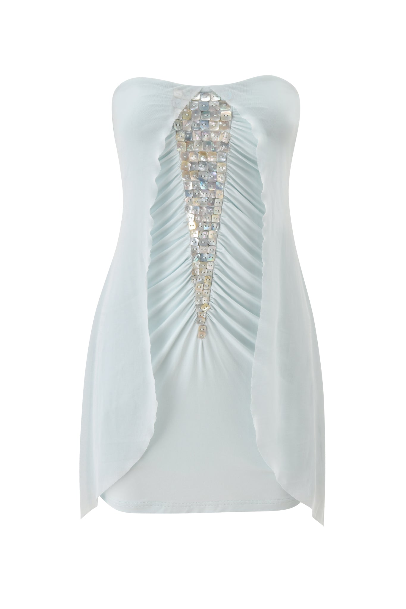 The ARIEL MINI DRESS by I.AM.GIA in baby blue features a strapless tube silhouette, deep V ruched front with shiny silver square sequins, and sheer mesh cape overlay panels for a standout look.