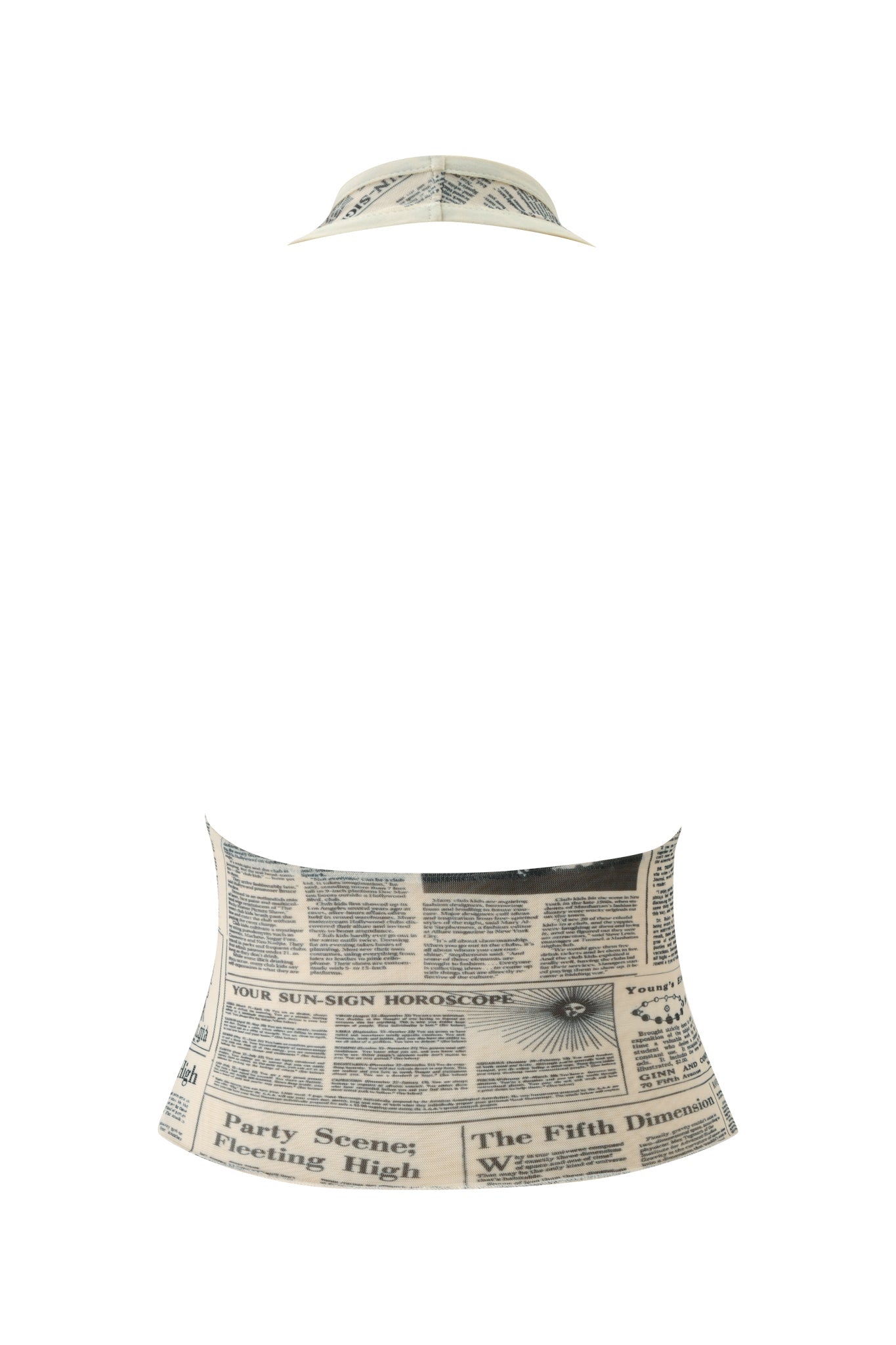 The SORA TOP - LEFT ON READ by I.AM.GIA, a striking black-and-white newspaper print corset top, floats alongside a matching bucket hat against a white background.