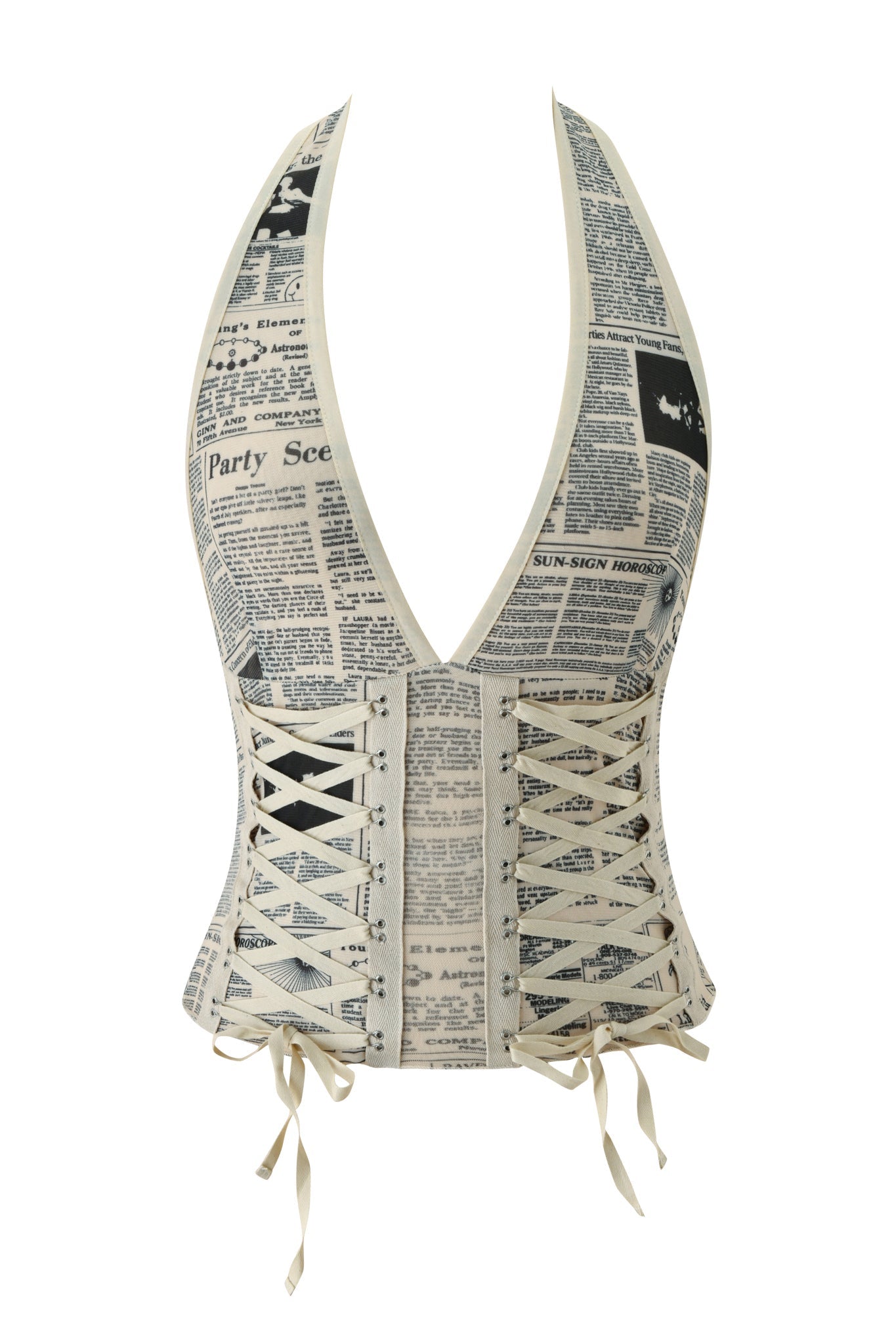Introducing the SORA TOP - LEFT ON READ by I.AM.GIA: a sleeveless corset top featuring bold black and white newspaper print, a dramatic deep V-neckline, lace-up detailing at the front and sides, and a figure-hugging silhouette designed to flatter your shape.