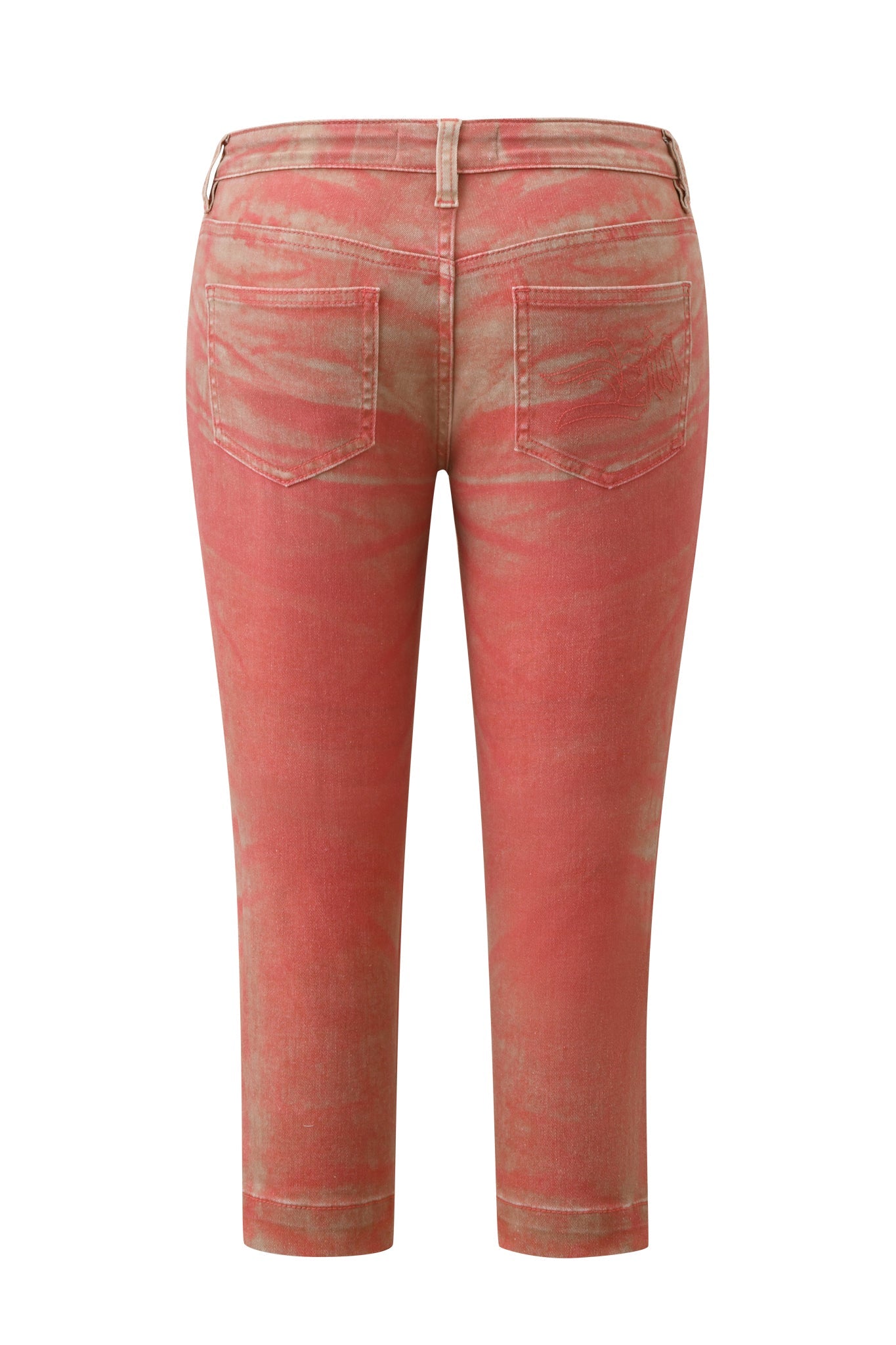 Back view of the SUNSET CAPRI JEAN - PEACH by I.AM.GIA, featuring a cropped, high-waisted silhouette in a peach-toned denim with a faded wash effect, two back pockets, belt loops, and visible seam details.