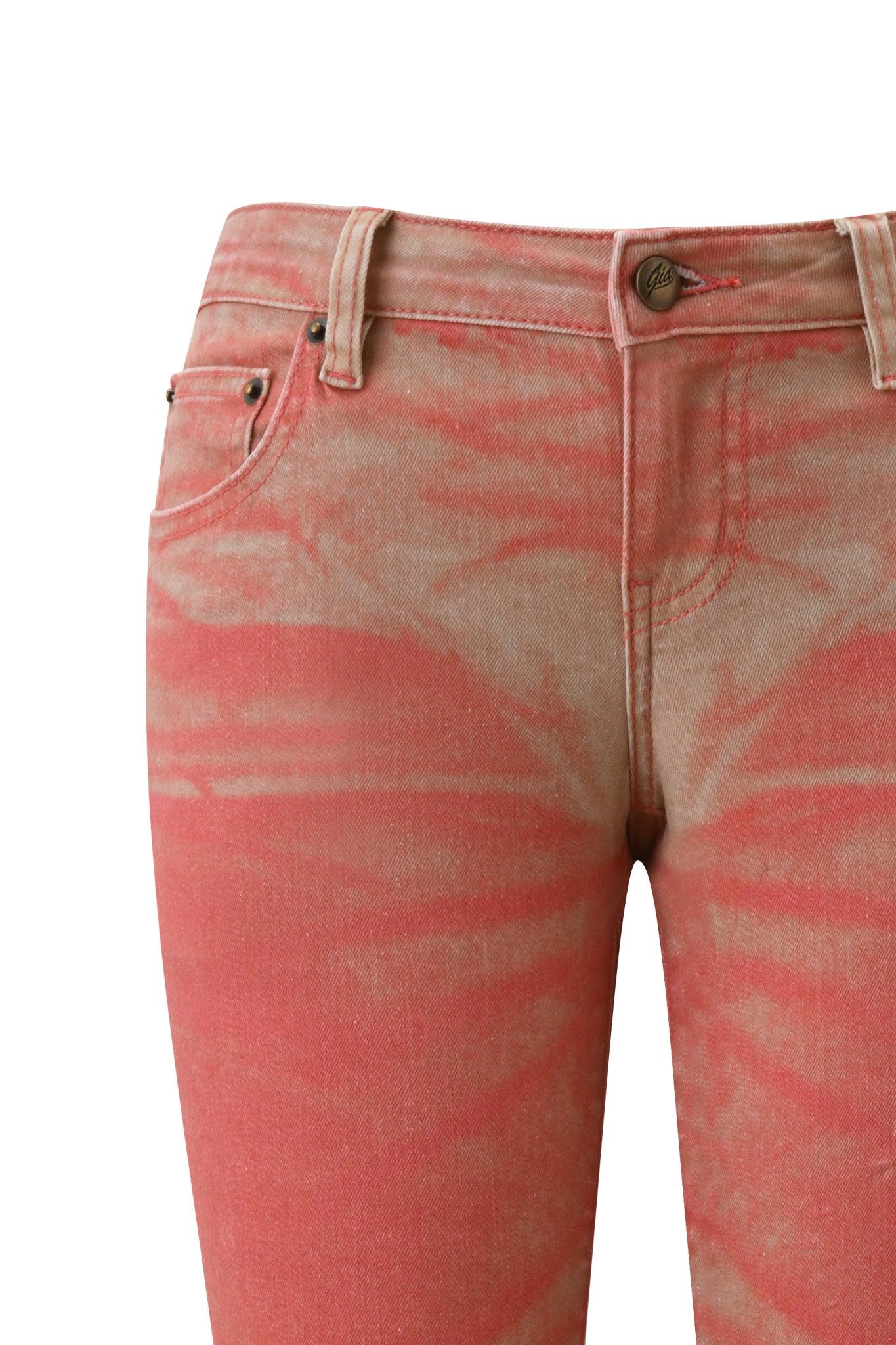 Front view of the I.AM.GIA SUNSET CAPRI JEAN - PEACH, featuring a pink and beige ombré tie-dye wash with visible waist, belt loops, and upper legs, set against a white background.