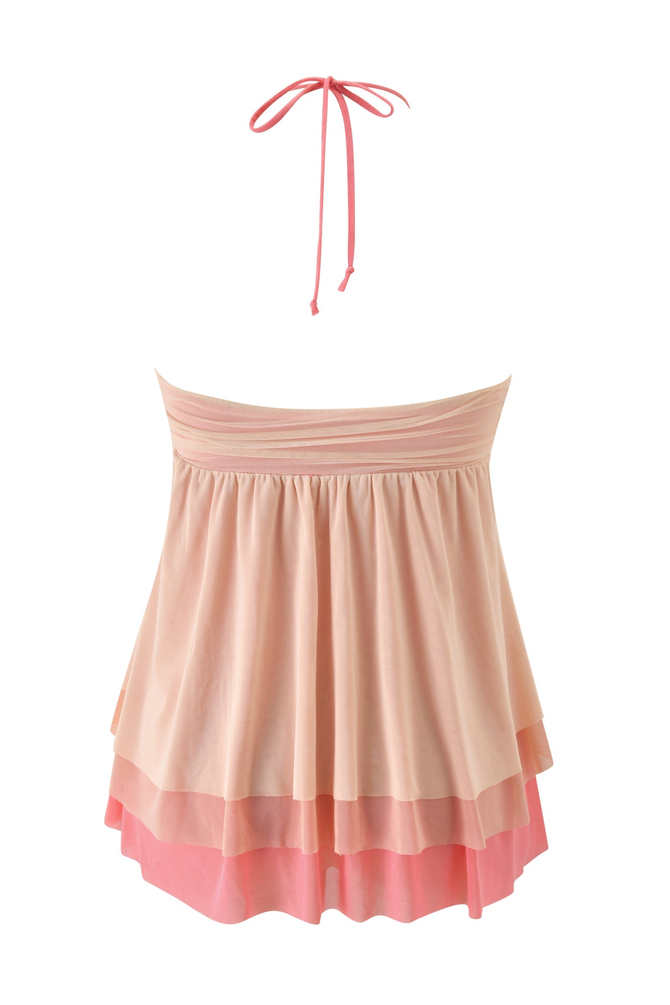 The IDALIA TOP - RASPBERRY MULTI by I.AM.GIA is a sleeveless halter neck top in pink and peach mesh, designed with a tie at the neck, layered flowy fabric, and cascading ruffles for an elegant look.