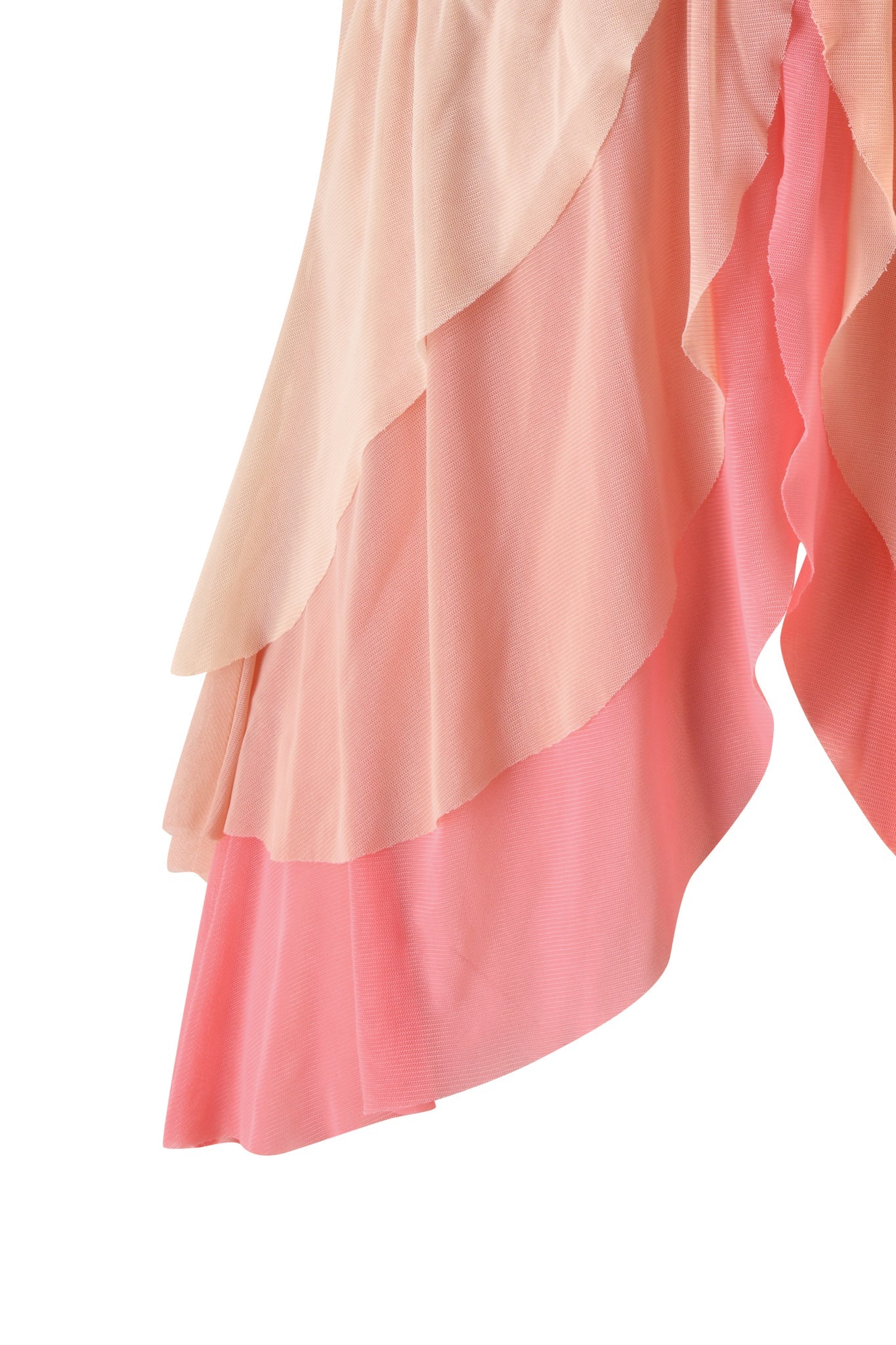 A close-up of the IDALIA TOP - RASPBERRY MULTI by I.AM.GIA, showcasing its layered design with raspberry-hued and multicolored fabric, featuring diagonal, flowing edges and delicate cascading ruffles.