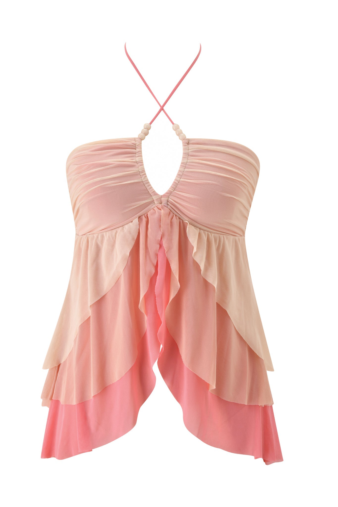 The IDALIA TOP - RASPBERRY MULTI by I.AM.GIA is a sleeveless mesh halter neck top adorned with pink and light peach cascading ruffles, featuring a ruched bust and adjustable straps that tie behind the neck.