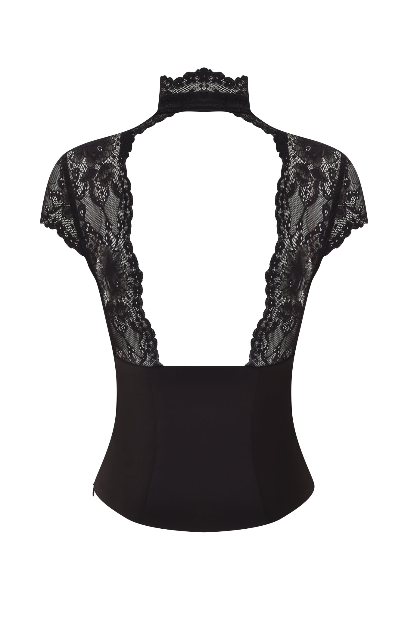 ANISTON CORSET - BLACK by I.AM.GIA: This black lace bodysuit features a high neck collar, open back, and short lace sleeves, with a high lace neckline. The bodice showcases sheer floral lace detailing layered over solid black fabric, for a sophisticated look reminiscent of a black lace corset top. Displayed on a plain white background.