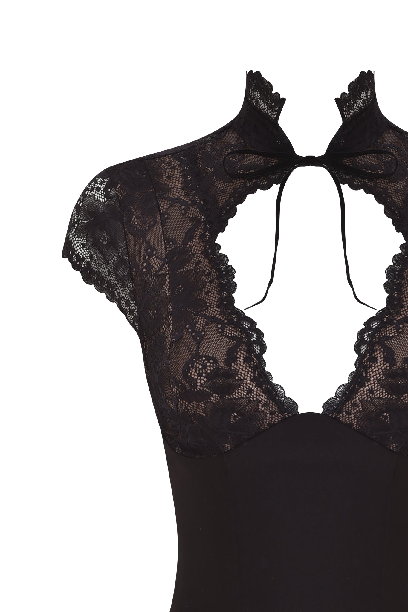 A close-up of the ANISTON CORSET in black by I.AM.GIA, featuring sheer floral lace cap sleeves, a high neck collar, and a keyhole cutout at the chest tied with a small black ribbon.