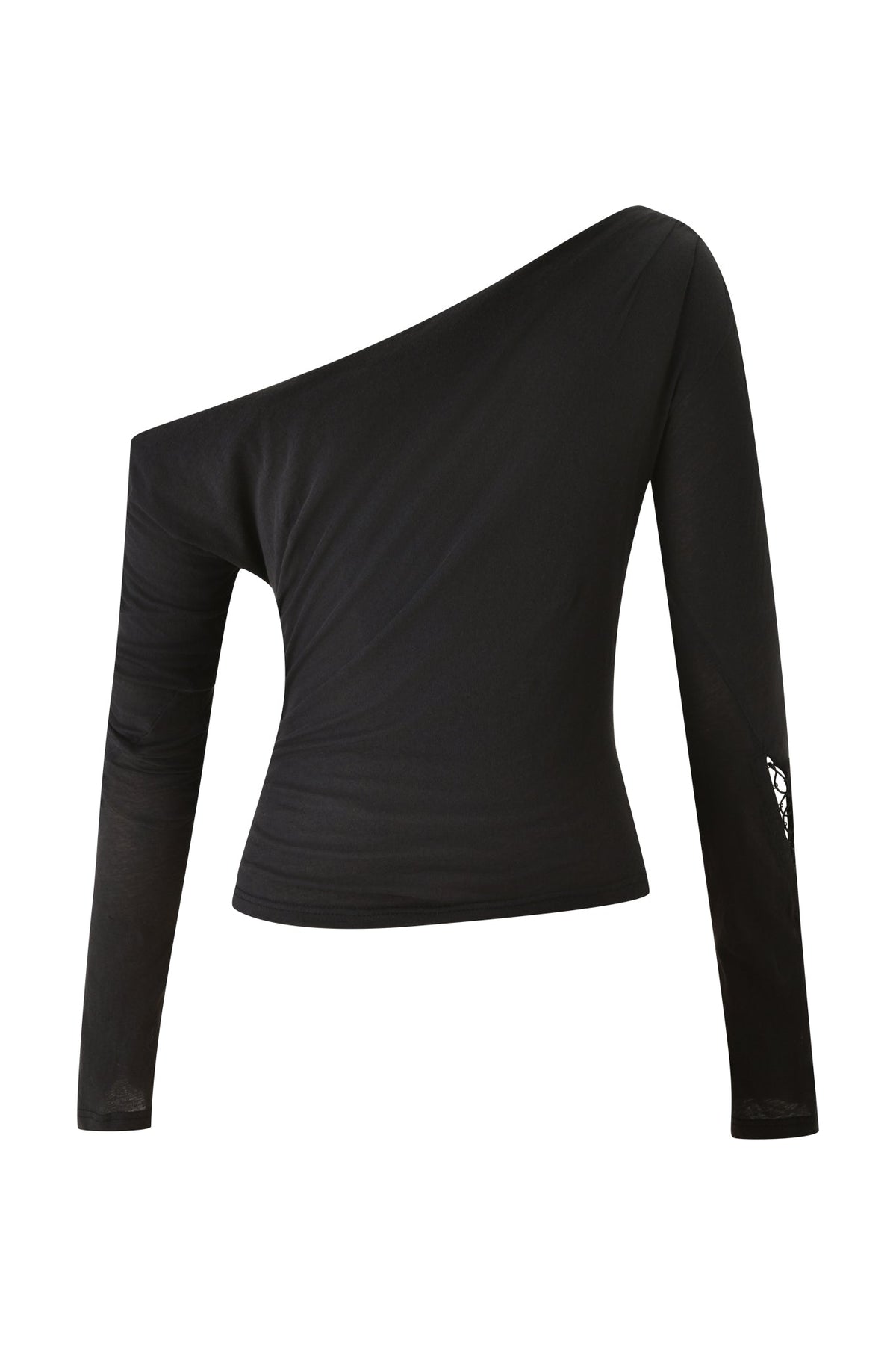 The PRIS TOP - BLACK by I.AM.GIA features a striking one-shoulder asymmetrical neckline with a long left sleeve and an exposed right shoulder and arm. Crafted from fitted, slightly sheer fabric for a sleek silhouette, this modern top is elevated with subtle lace-up detailing on the sleeve.